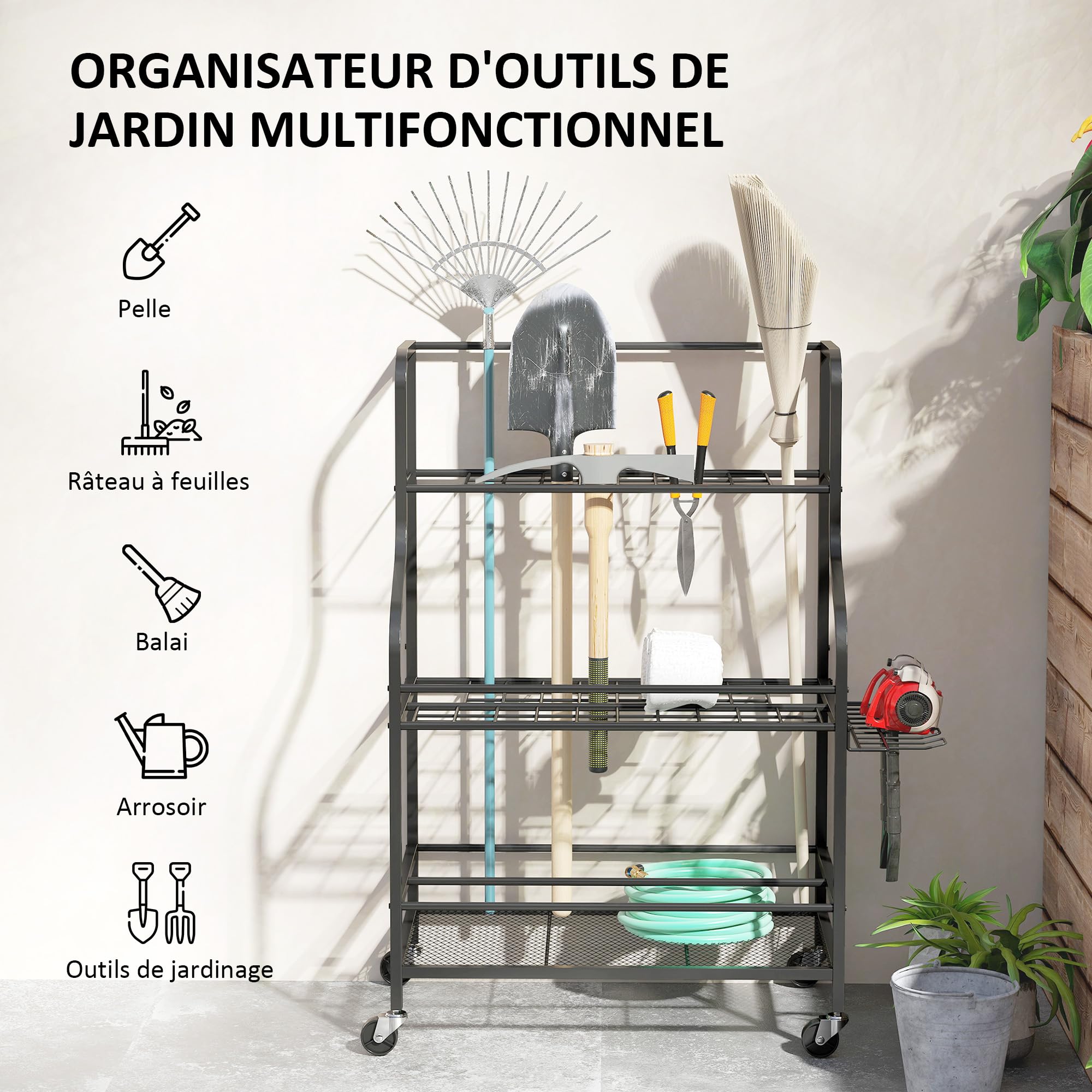 Outsunny Organiseur d'outils de Jardin, Support à Outils de Jardin 54 emplacements avec 5 Crochets, Porte-Outils de Garage en Acier sur roulettes, 3 Niveaux pour Outils, râteaux, Noir