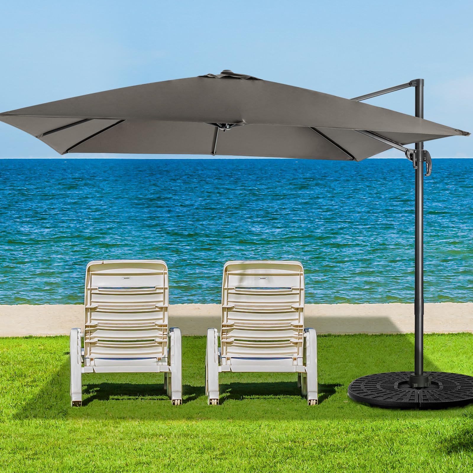 COSTWAY Ombrellone da Giardino 300x300cm 3 Inclinazioni Rotazione 360° Manovella 8 Stecche Base Incrociata Grigio