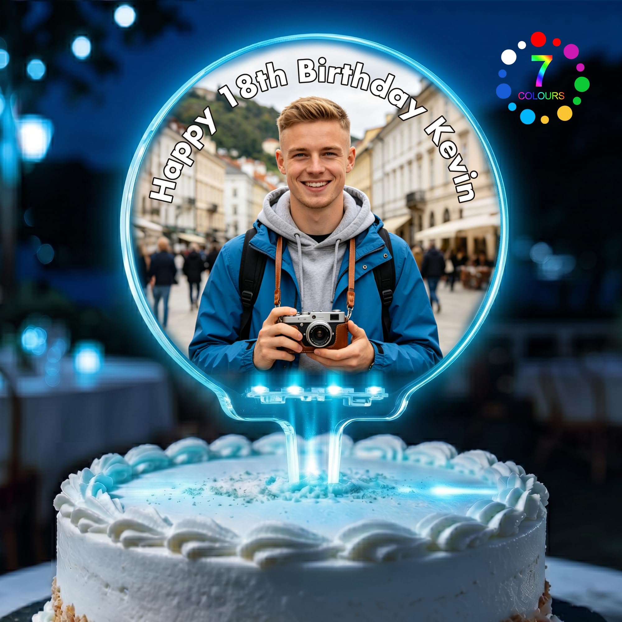 EDSG LED Personalised Cake Topper, 7 Colour Changes Light Up Cake Decorations, Happy Birthday Cake Toppers with Photo, Birthday Party Supplies for Boys and Girls Women Man (Design 5)