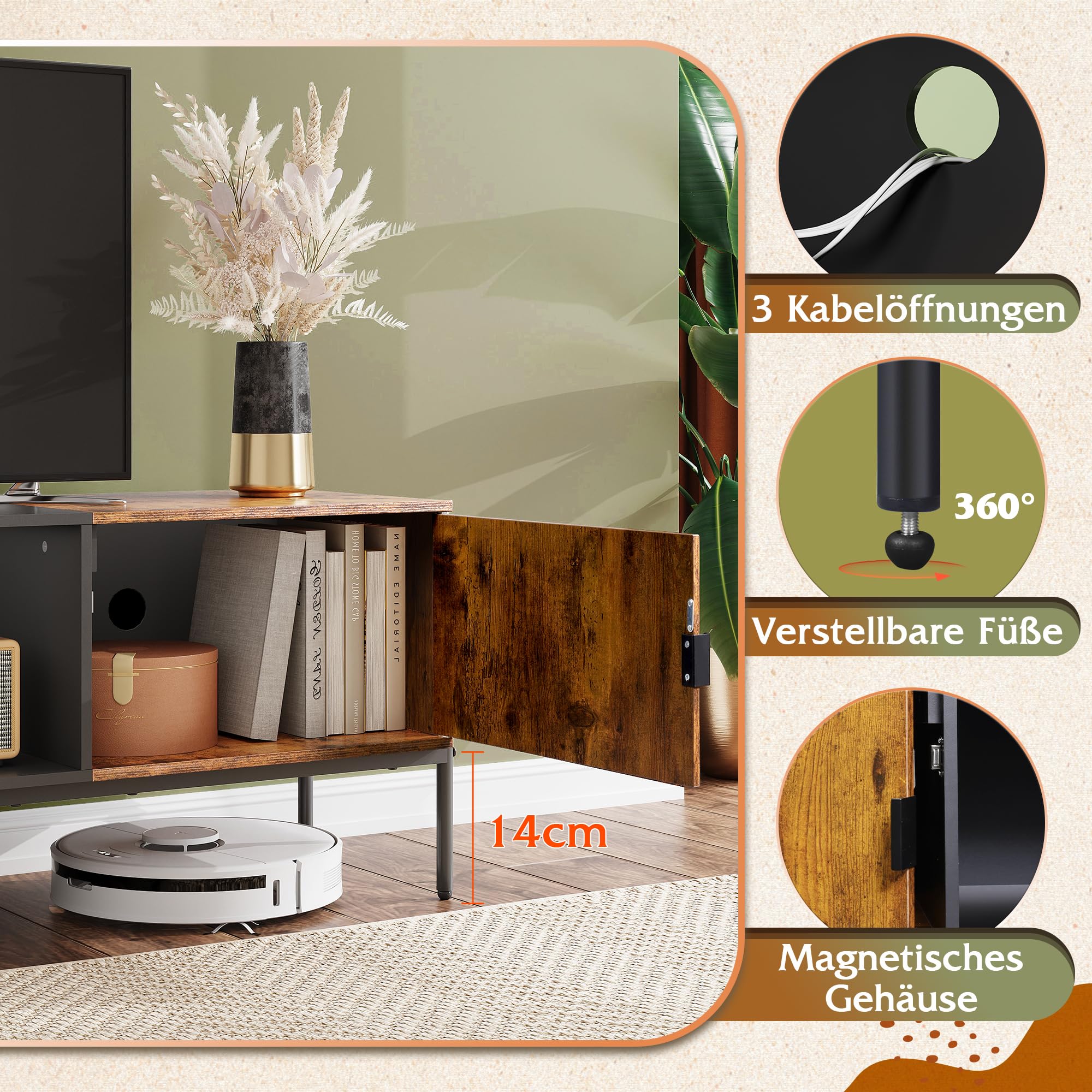 WLIVE TV Schrank, Lowboard für Fernseher bis zu 65 Zoll, 147 x 37 x 45 cm, Fernsehschrank TV Board mit Offenen Stauraum, Fernsehtisch für Wohnzimmer und Schlafzimmer Modern Stand for