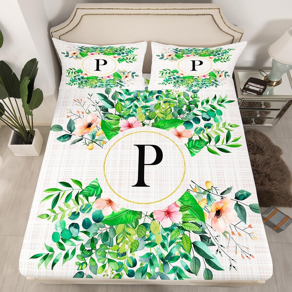 Initial Letter G Fitted Sheet,Green Leaves Watercolor Flowers Bedding Set for Kids Teens Adults,Country Rustic Garden Style Bed Sheet with 2 Pillowcases(No Top Sheet),Queen Size 3 Pcs
