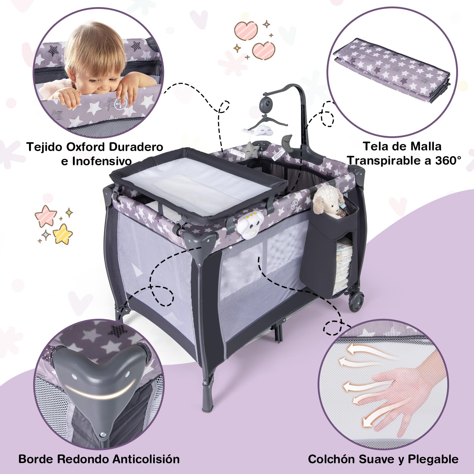COSTWAY Cuna Bebe 3 en 1 con Cambiador de Pañales, Parque Infantil Portátil con Moisés Desmontable, Cuna de Viaje Plegable con Barra de Juguetes Giratoria, Colchón, Bolsa de Transporte (Natural)