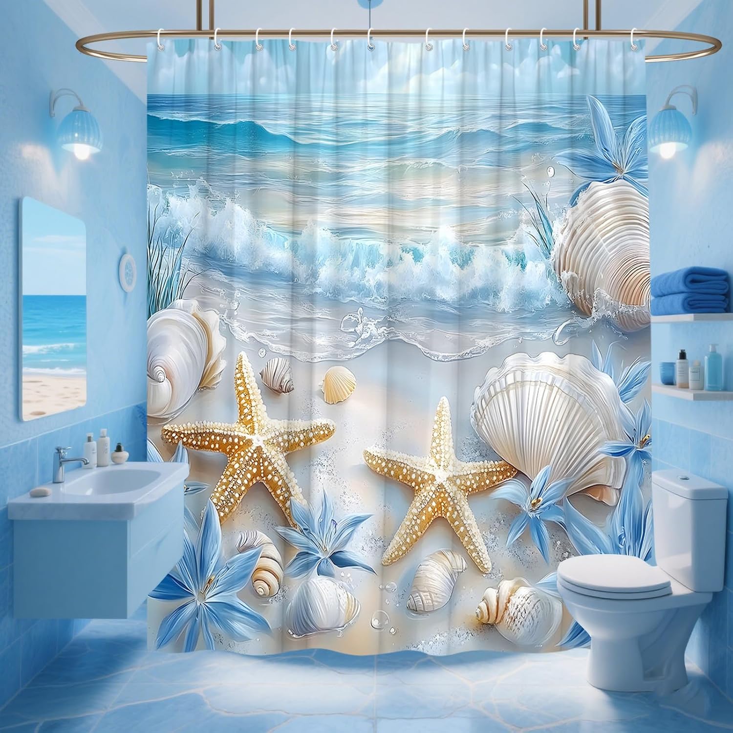 Beach Starfish Shower Curtain Sea Waves Seacoast Scenery with Sand with Various Seashells Scallop Conch Tropics Seaside Summer Coastal Ocean Theme Decorative Curtain Polyester Fabric