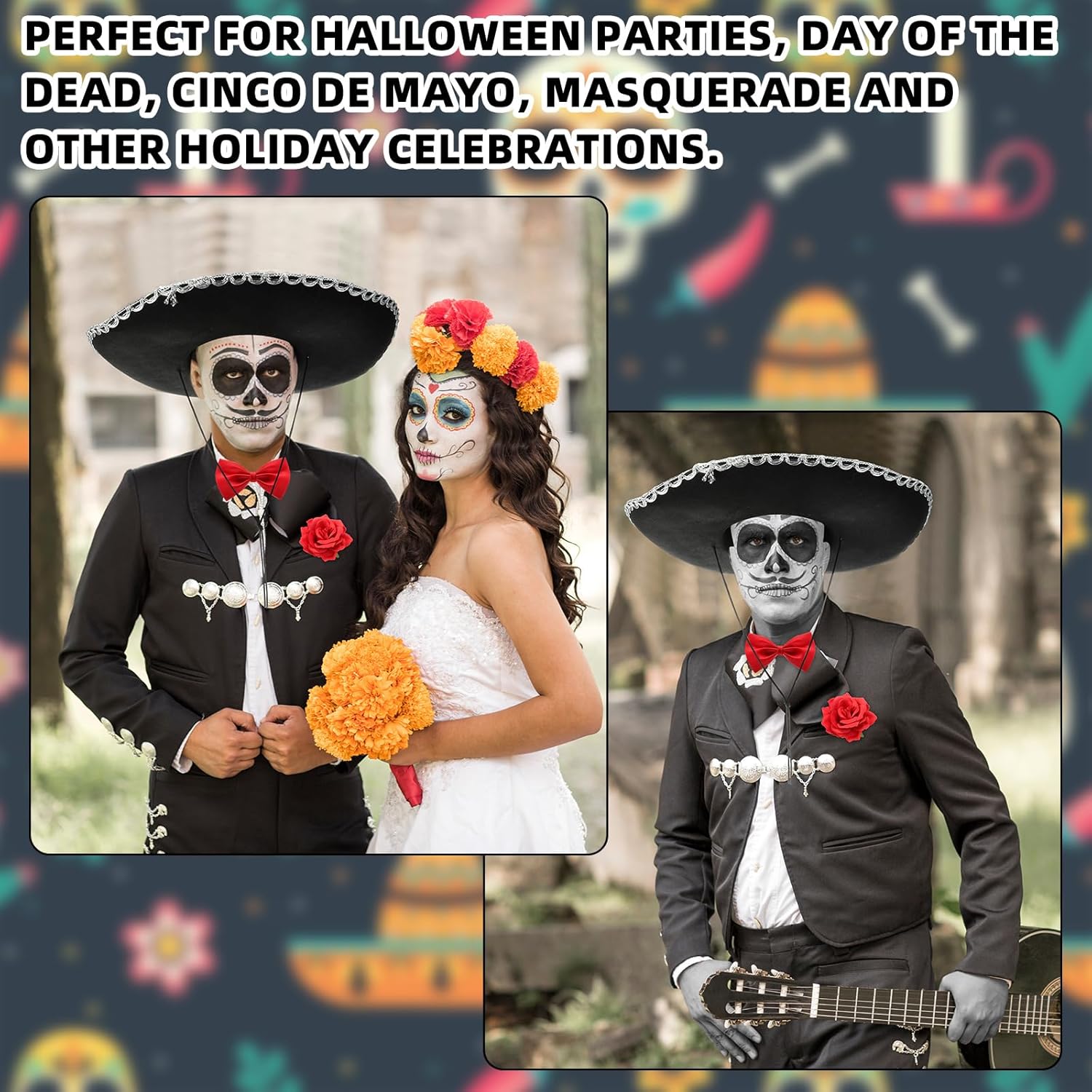 JenPen 3 Pcs Halloween Day of the Dead Mariachi Senor Adult Costume Accessory Silver Trim Black Sombrero, Bow Tie, Rose Decor