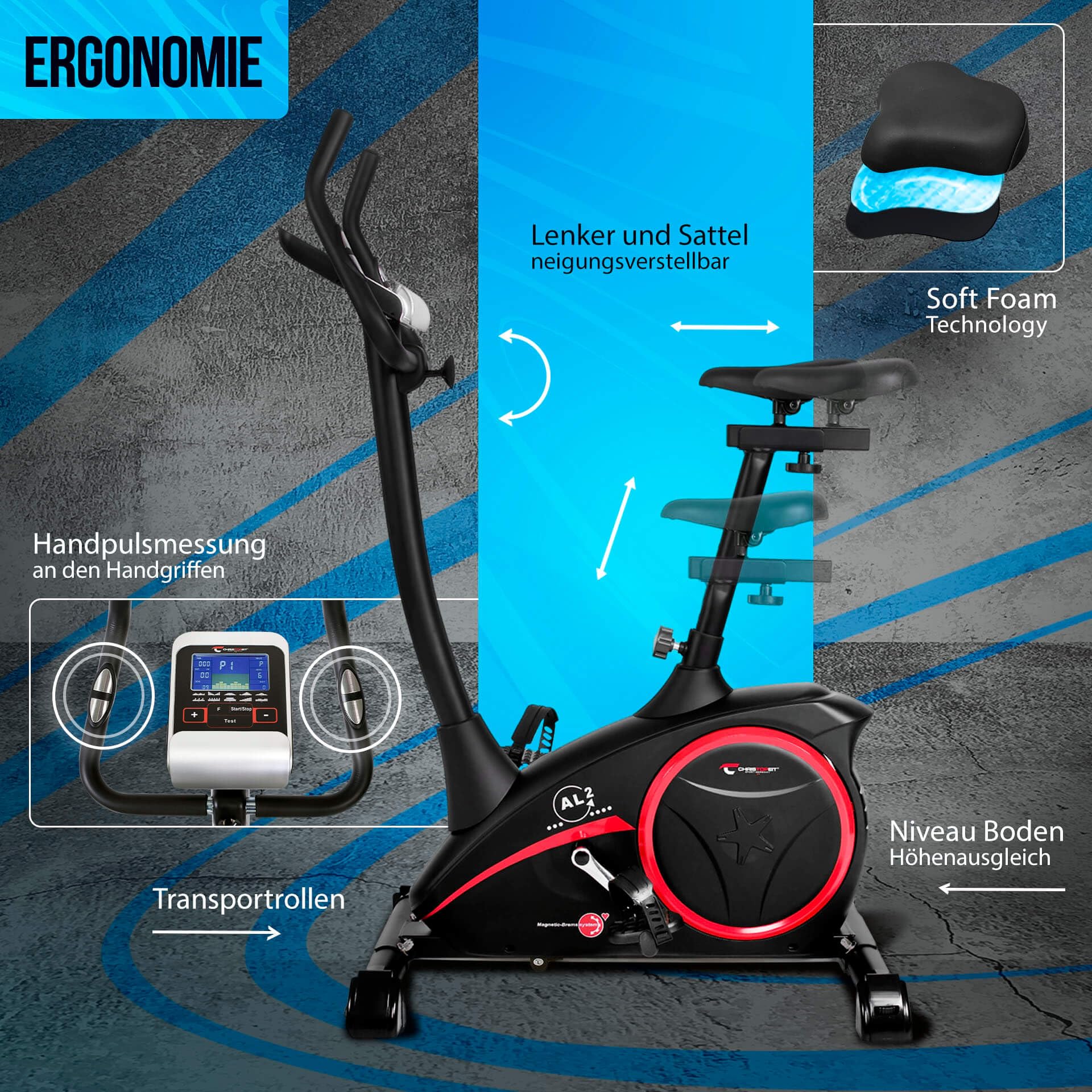 Christopeit Heimtrainer Fahrrad Ergometer AL 2 / AL 2 S, bis 150kg, 24 Widerstandsstufen, 9kg Magnet-Bremssystem, leise, Soft-Touch-Computer