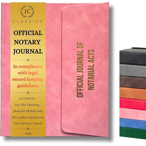 JC Classics Notary Journal Log Book Hardcover with Privacy Guard - Notary Log with 522 Notarial Record Entries - Compliant Notary Book for Notaries for All States Except HI (Pink)