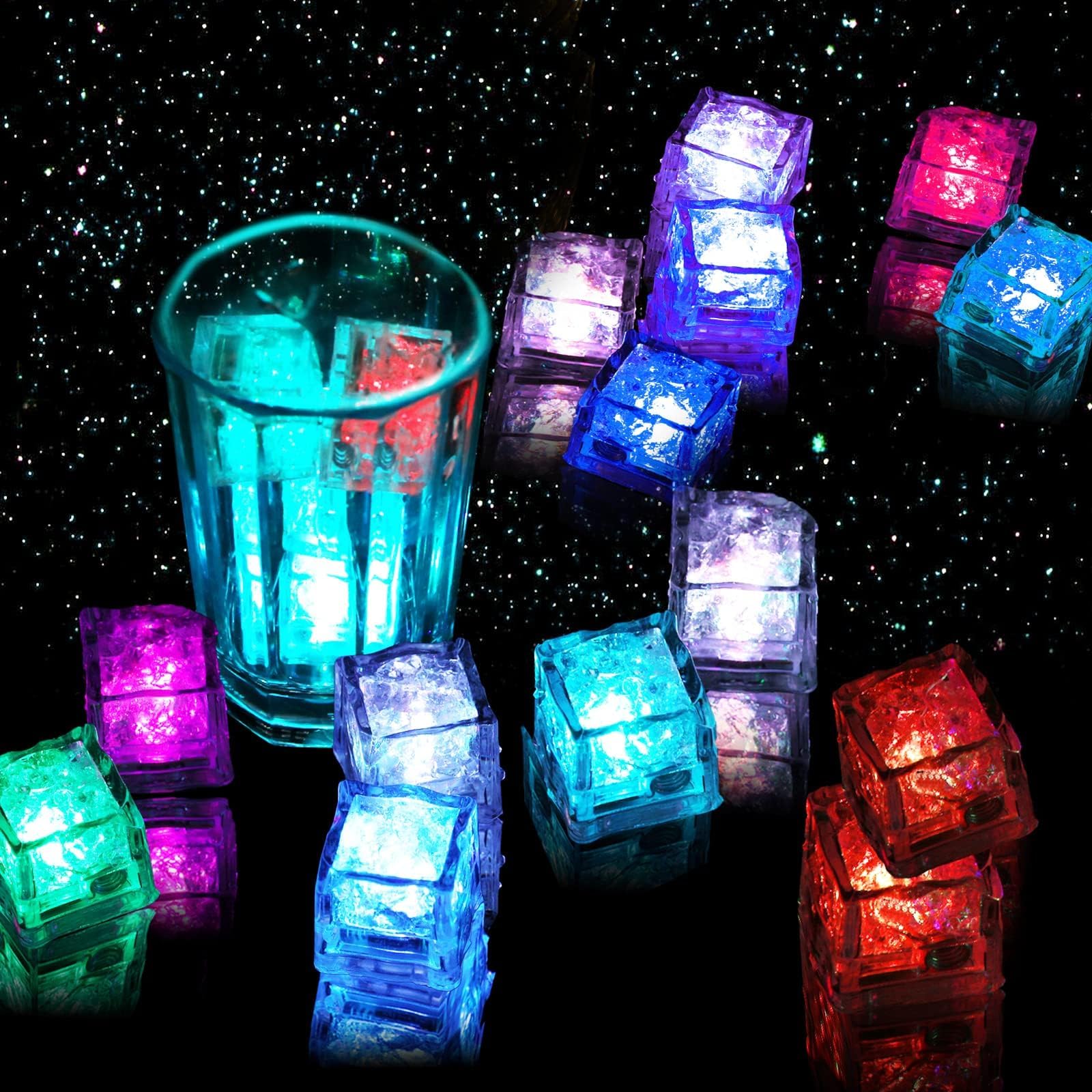 LED Ice Cubes Multi Color Light-Up Ice Shape Lights Waterproof Color Changing Ice Cube Glow in The Dark Reusable for Party Wedding Bars Decoration 12 Pack