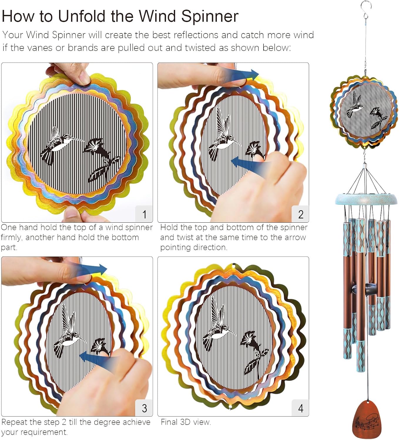 Aoedelyart Wind Chimes for Outside with 3D Animations Hummingbird Wind Spinner,37" Memorial WindChimes Outdoor Hanging Decor,Hummingbird Gift for Women Mom Grandma Wife,Garden Ornaments