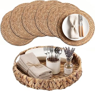 Woven Placemats Set of 6 with Water Hyacinth Storage Basket, Natural Woven Table Mats for Dining Table, Handmade Boho Wicker Place Mats, Heat-Resistant Round Farmhouse Table Decor