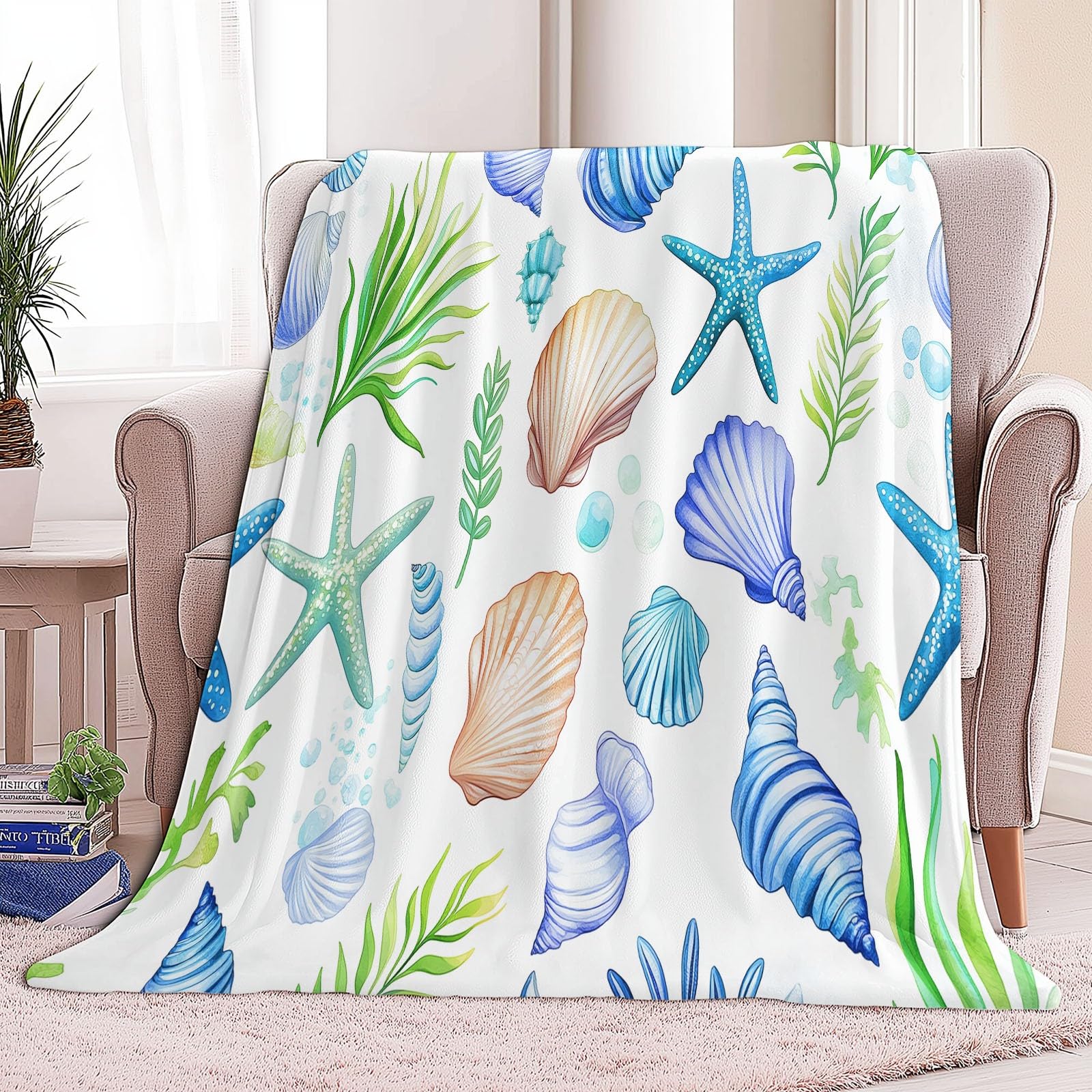Genérico Muszle I Akwarelowe Rozgwiazdy Koc Flanelowy 220 x 240 cm Koce Sherpa, Białe Super Puszyste Wełniane Koce Dorosłych I Dzieci Koc Miękki I Ciepły Łóżko