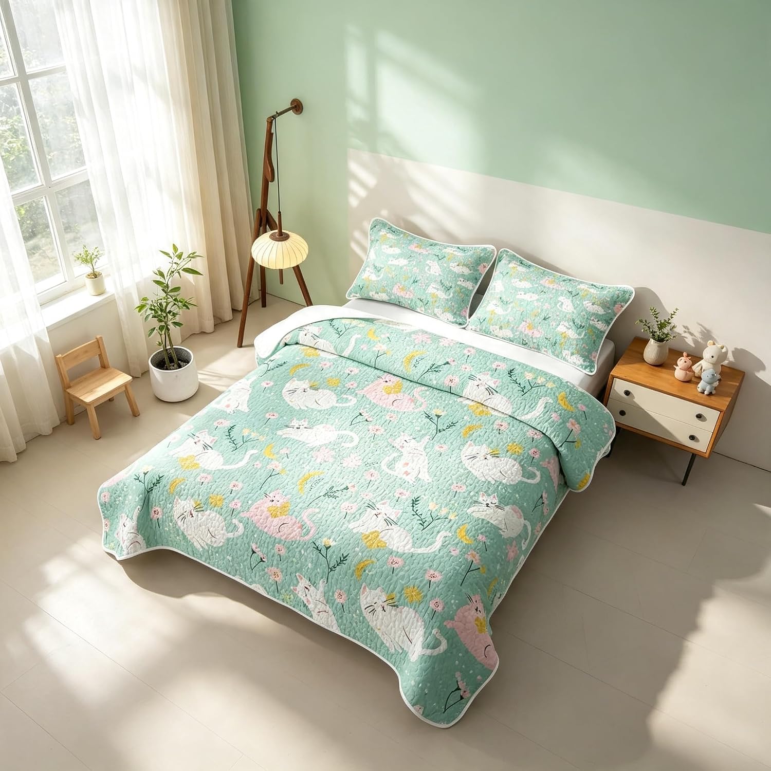 Feelyou Cute Cats Quilt Set for All Season Cute Animals Bedspread Twin Size for Kids Boys Girls Floral Print Quilted Bedding with 1 Pillowcase Coverlet Set Soft