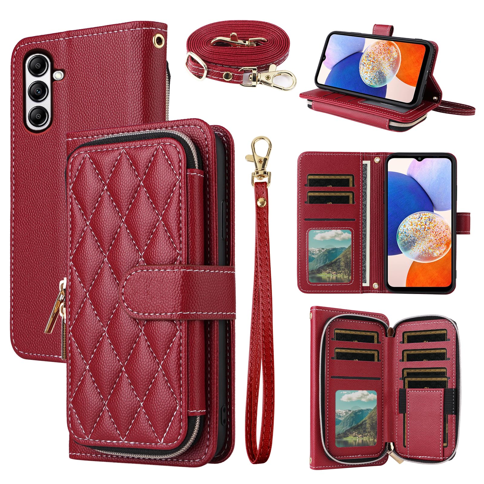 Dswteny Argyle Wallet Case for Samsung Galaxy A14/M14 5G with Wrist Strap Shoulder Strap, Zipper PU Leather Flip Credit Card Holder Stand Cell Phone