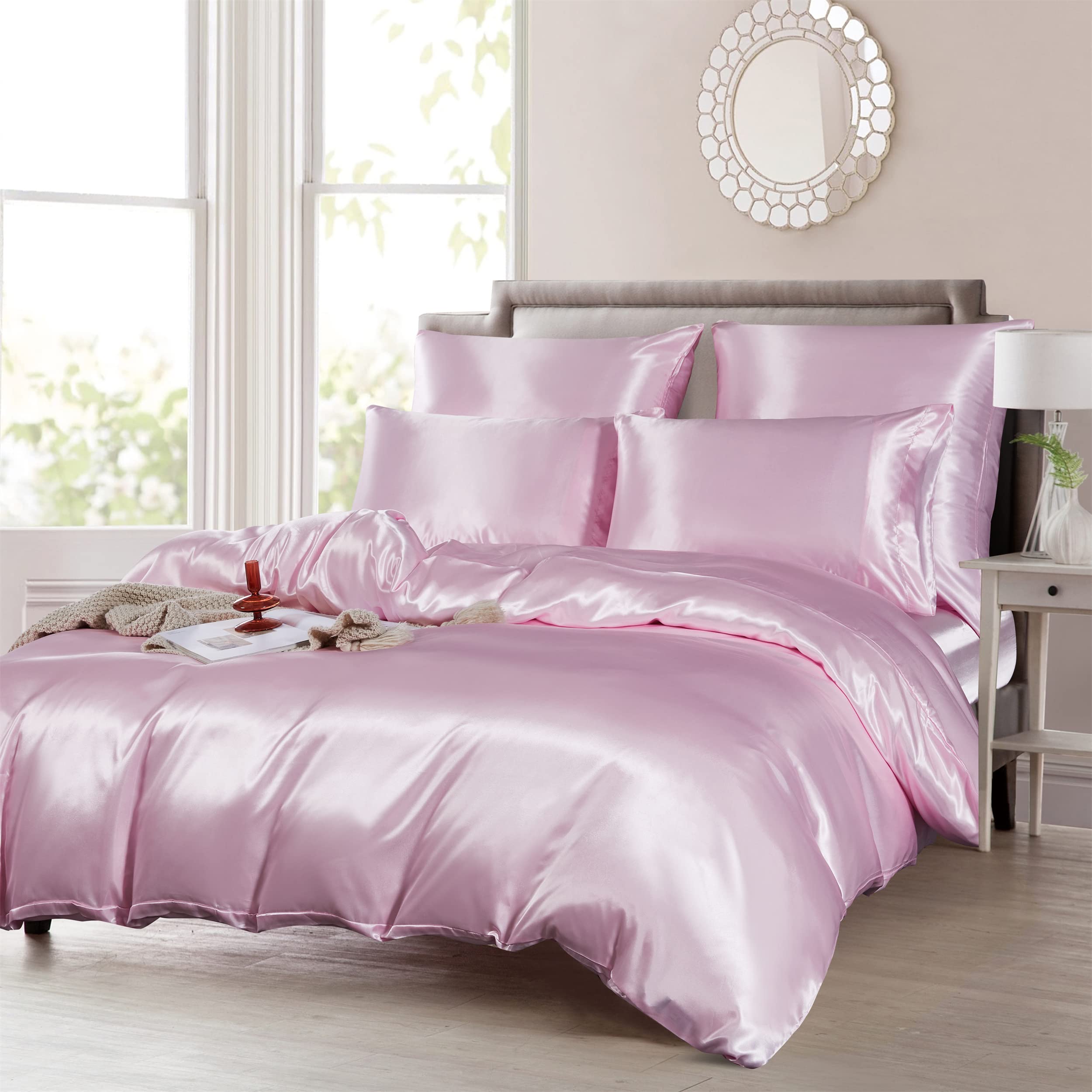 Damier Bettwäsche 200x200cm Rosa Satin Glänzend Bettwäsche Set 3 Teilig Hotelqualität Satin Deckenbezug Bettbezug mit Reißverschluss und 2 Kissenbezüge 80 × 80 cm