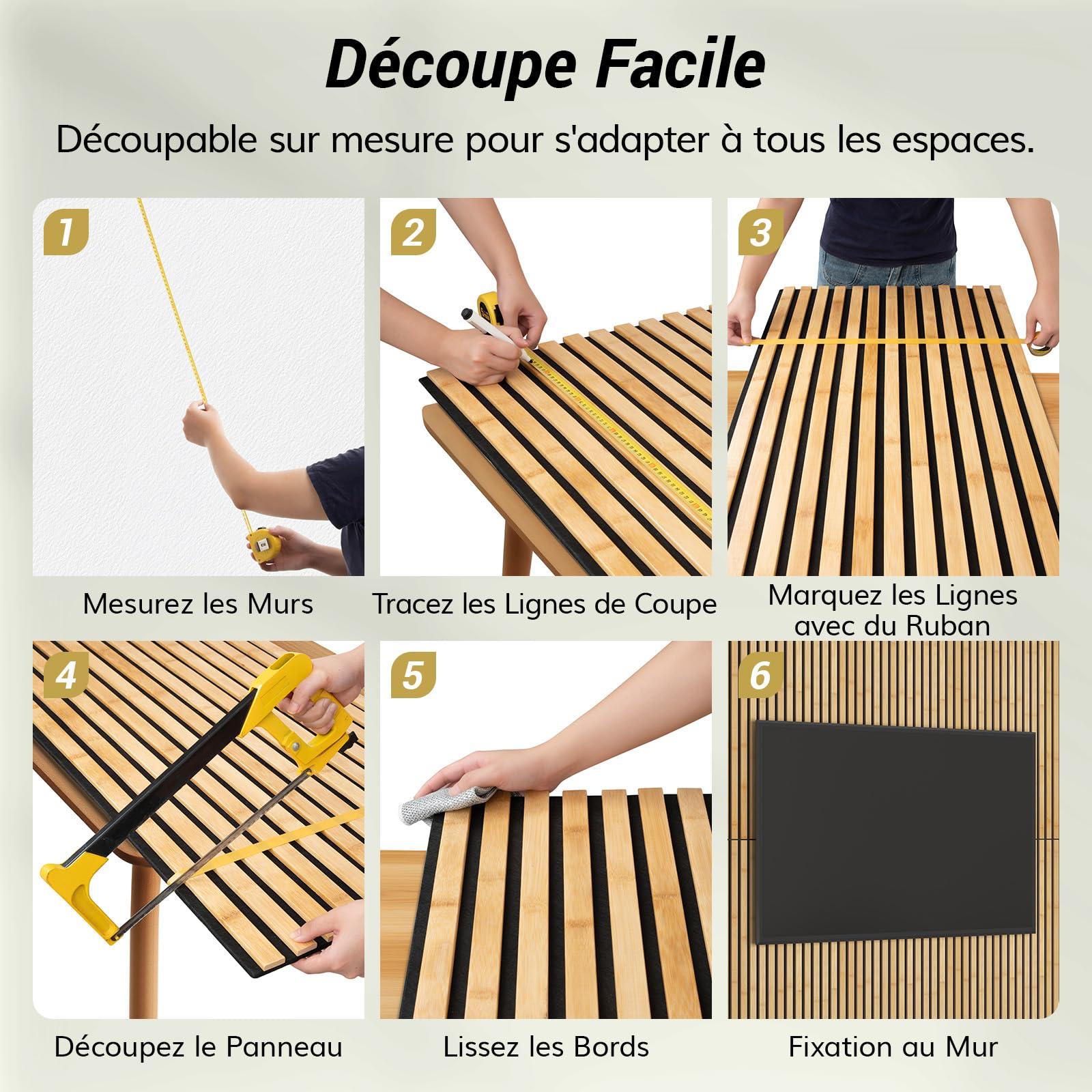 TONOR Lot de 4 Panneau Acoustique en Bambou Pour Murs, 110x52x1,7cm Panneaux Insonorisants à Lattes EntièRement Autocollants, Panneaux Insonorisants pour Murs TV, DéCoration IntéRieure, Maison, Portes