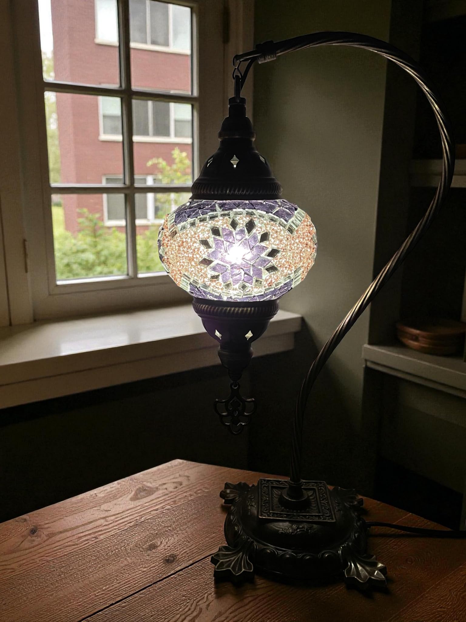 Lightza Handmade Turkish Moroccan Mosaic Desk Lamp LED Bulb | Swan Neck Unique Globe Lampshade Table Light | UK Tested Safe Energy Efficient (White Flower) — image 1