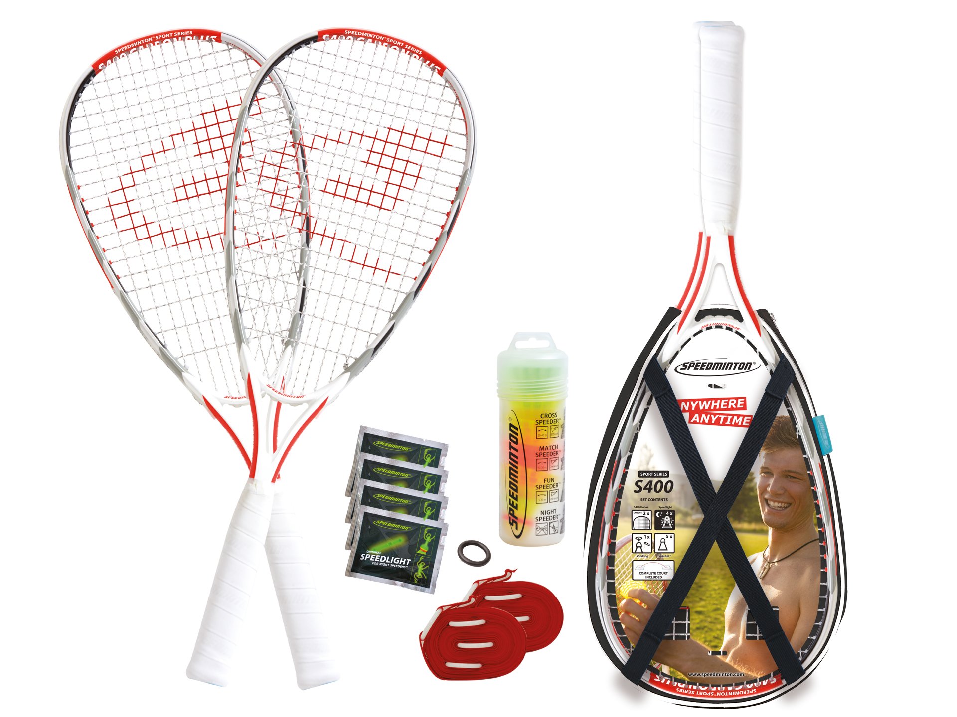 Speedminton® S400 zestaw – oryginalny profesjonalny zestaw Speed Badminton/Crossminton z rakietami węglowymi, w zestawie 5 Speeder®, pole do gry, torba