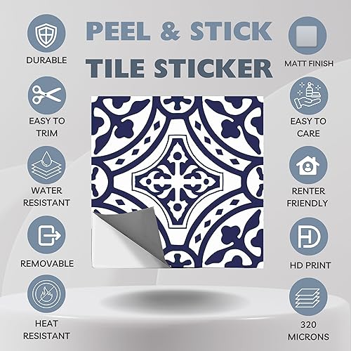 Miniatura 4 de Bleucoin Loures - Calcomanías de vinilo para azulejos de despegar y pegar, autoadhesivas para cocina y baño, resistentes al agua y extraíbles para