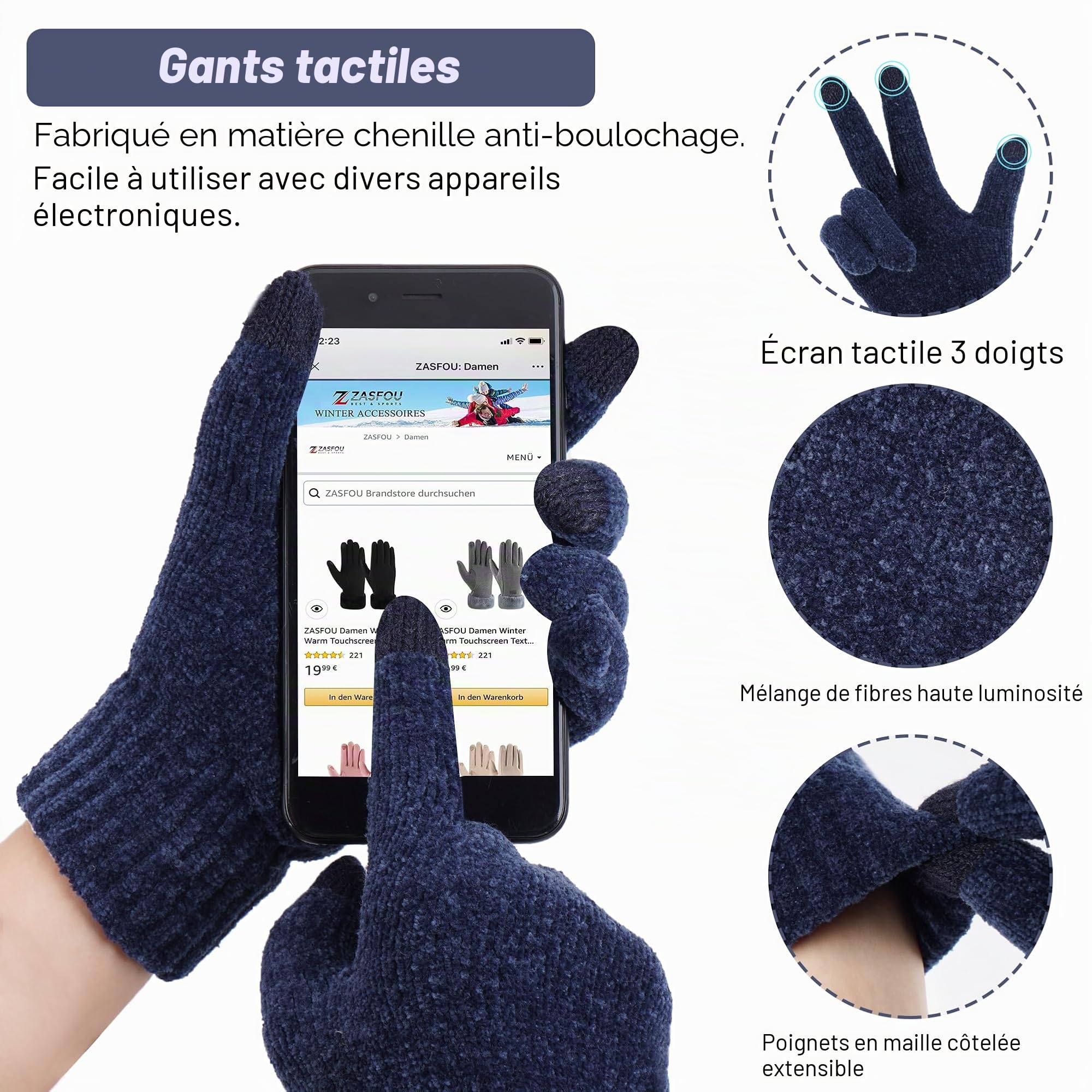 ZASFOU Femme Bonnet d’Hiver Chapeaux Foulard Écran Tactile Gants Set doublé Chenille Tricot Bonnets Cache Cou Polaire doublé