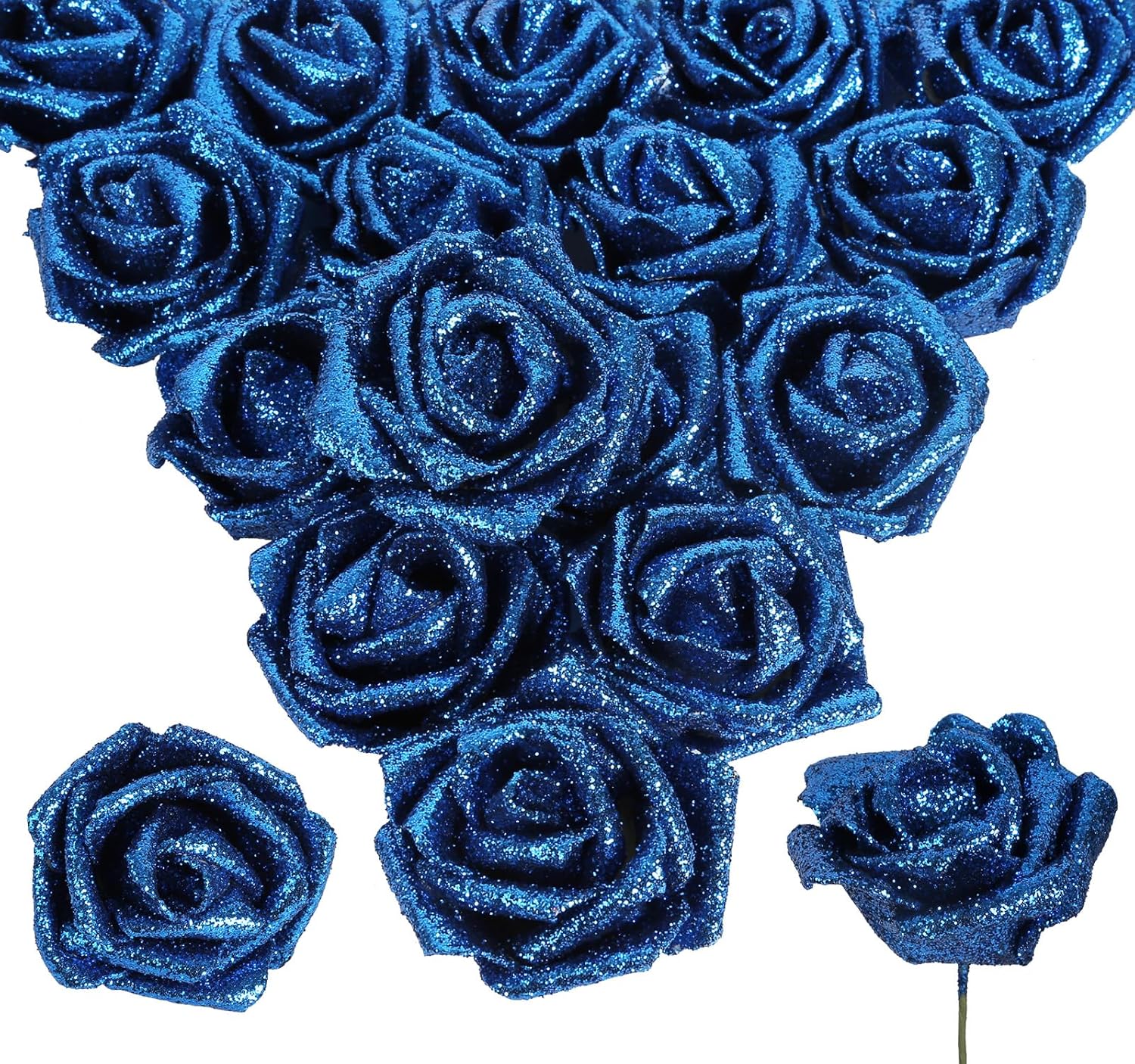 INSUNSIX Blue Glitter Roses 30pcs Royal Blue Flowers Foam
