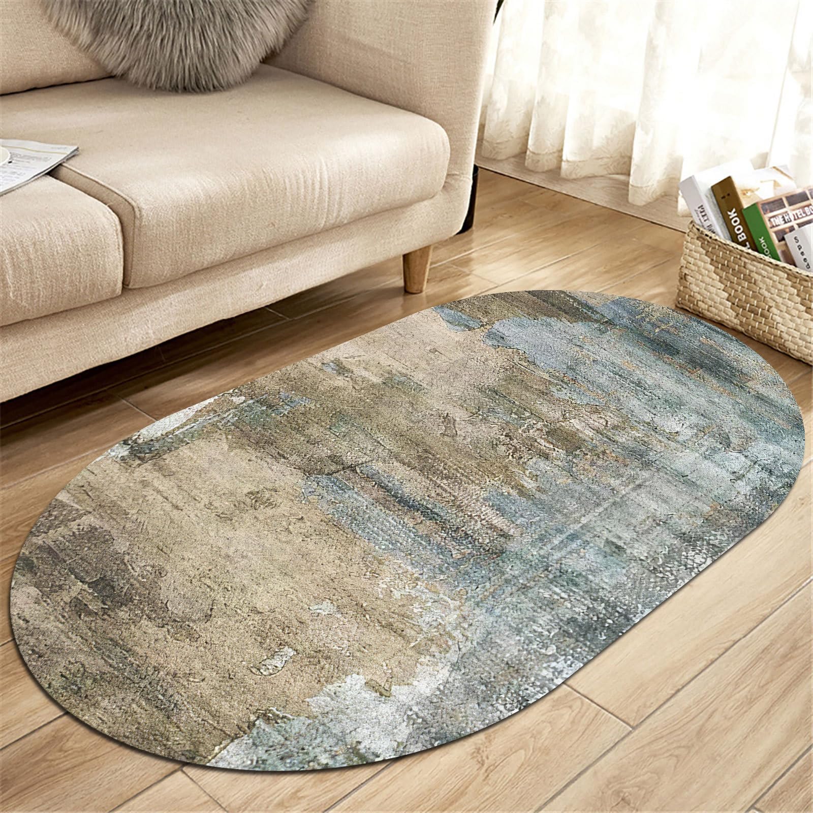 Tapis de cuisine ovale ciment vert abstrait pour protéger le sol de la pièce