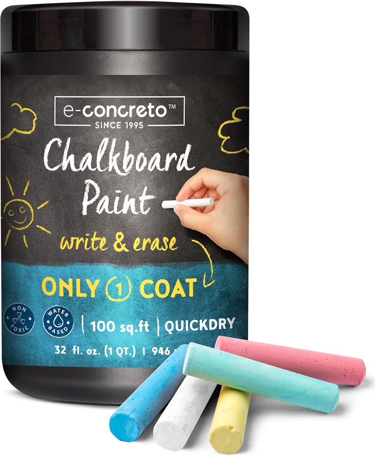 econcreto One Coat Blackboard Paint Black + Chalk (32 fl. oz.) Water