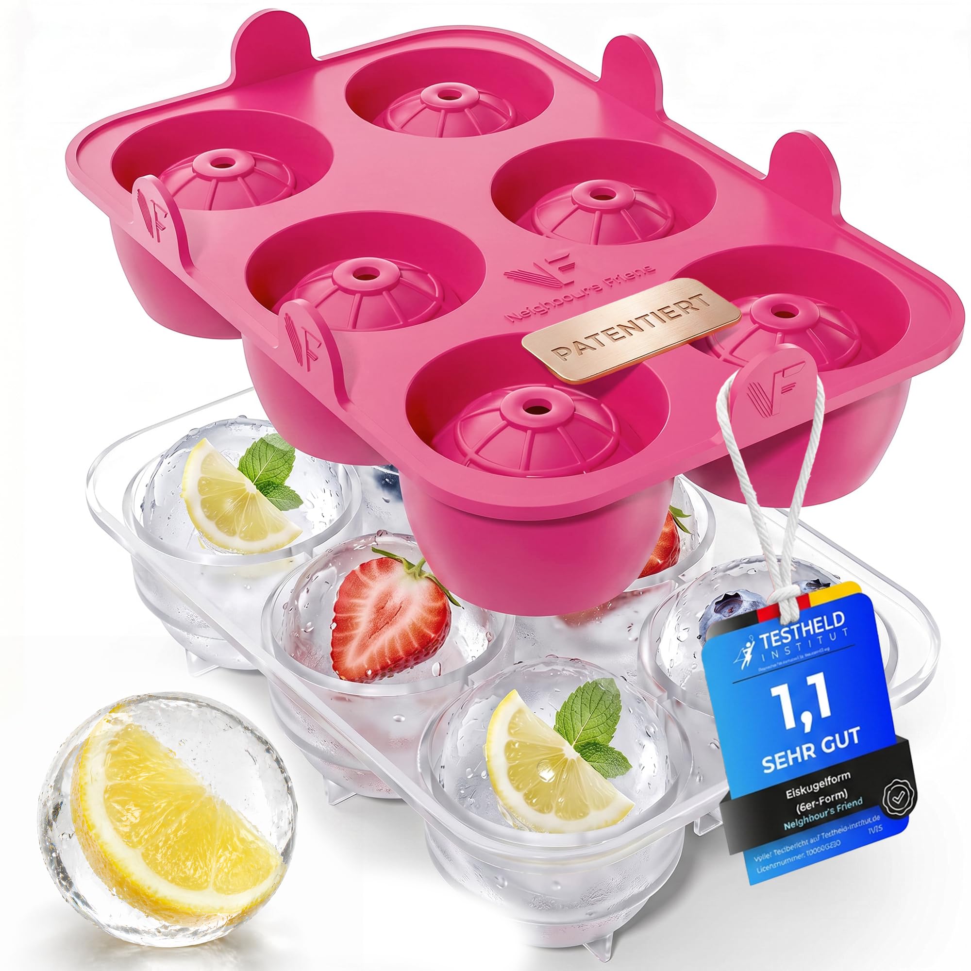 Neighbour's Friend Patentierte Eiskugelform & Eiswürfelform aus Platinsilikon mit Deckel für Cocktails, Whisky, Longdrinks, Iced Coffee & Infused Water – BPA-frei & spülmaschinengeeignet