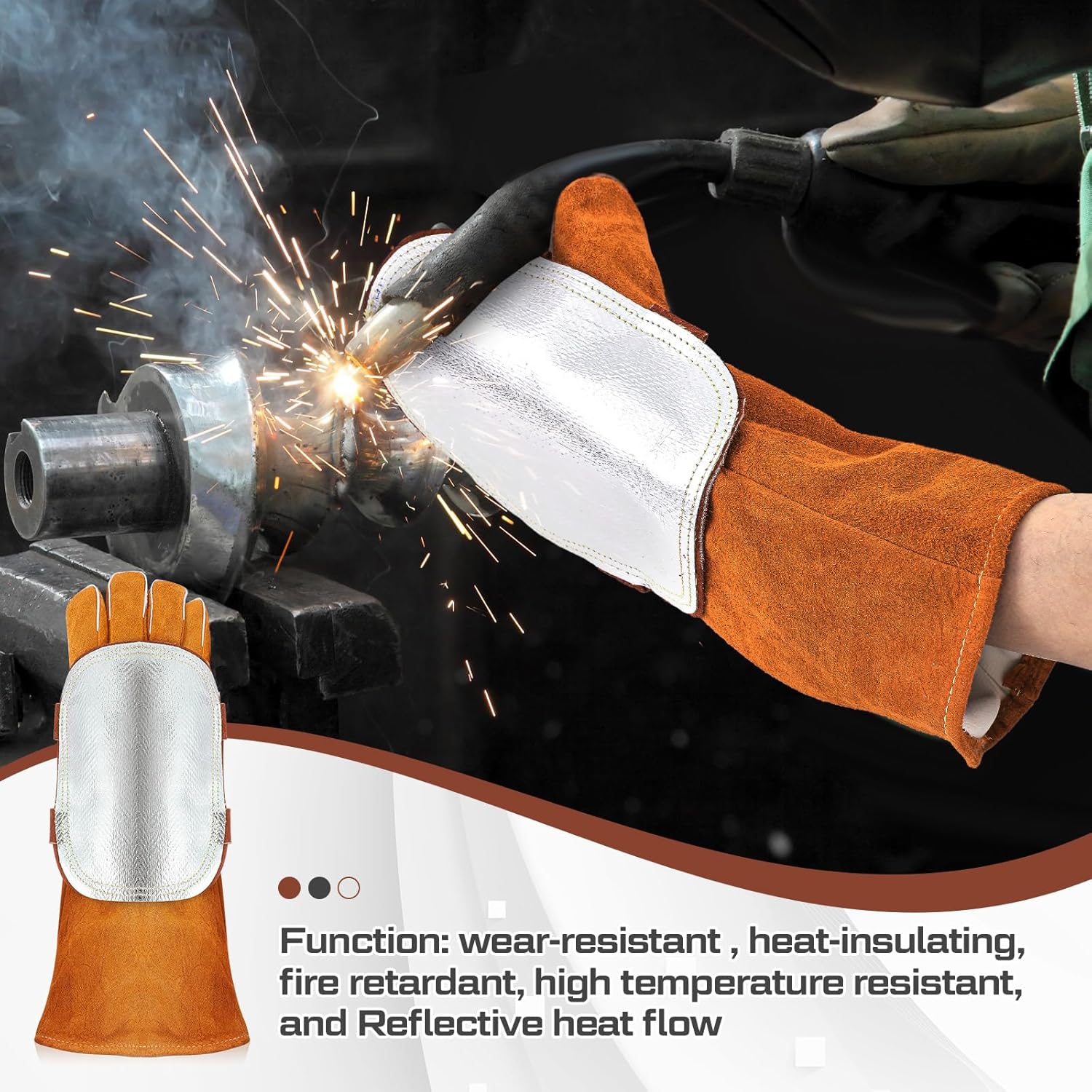 Shyyween Hand Heat Shield, Welding Hand Pad, Aluminized Back Guard Flux Reflective Leather Gloves for Industrial Cutting