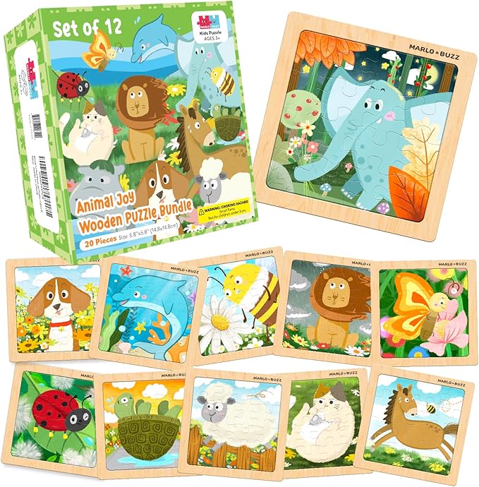 Marlo&Buzz Animal Joy Wooden Puzzles for Kids Ages 35