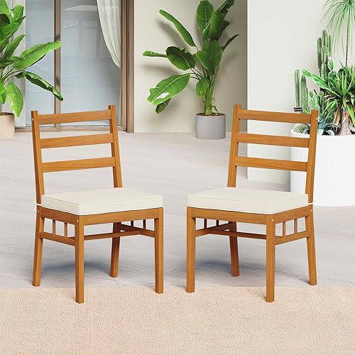 Miniatura 4 de Tangkula Juego de 4 sillas de patio de madera de acacia maciza, sillas de comedor de madera para exteriores con cojines de asiento acolchados,