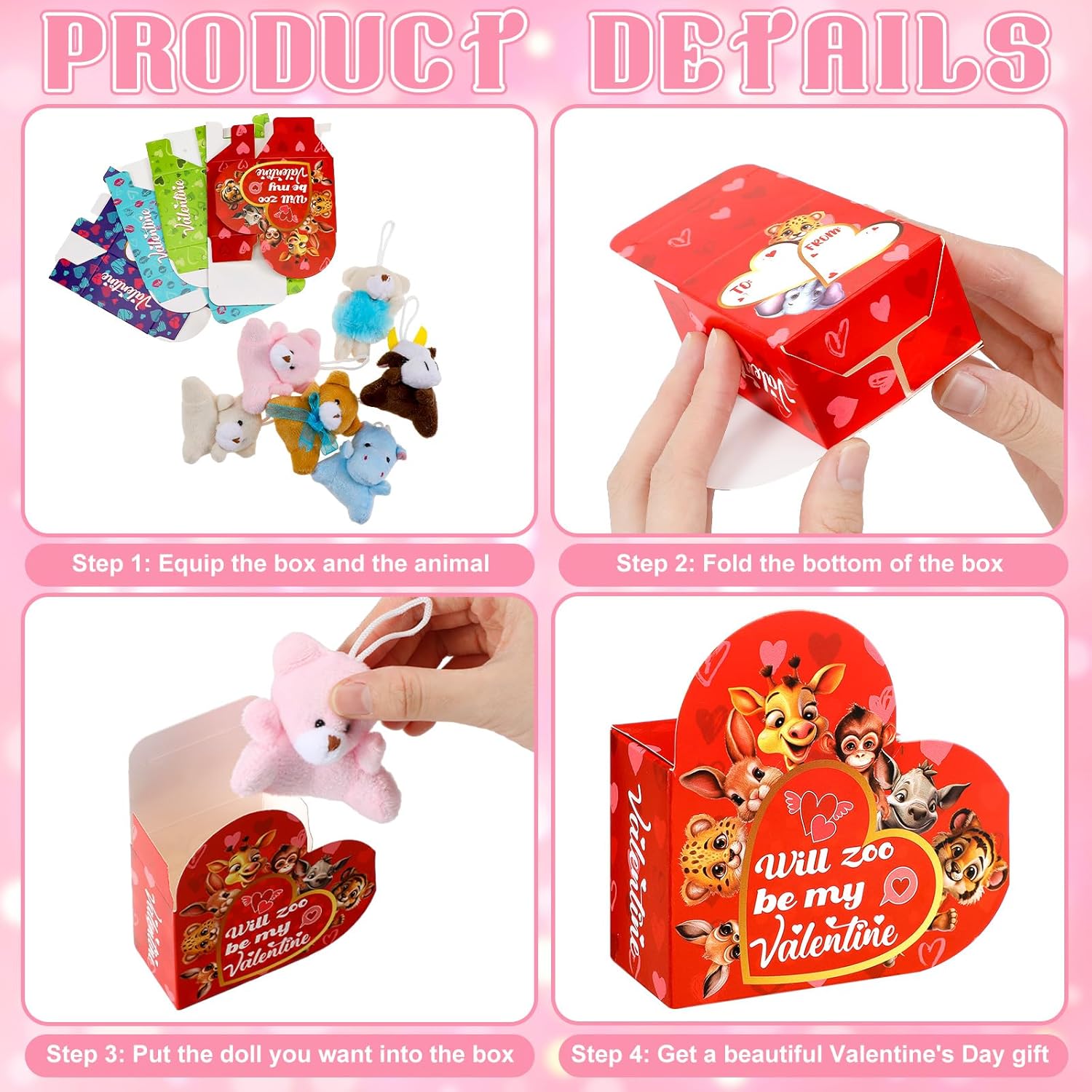48 Pcs Valentine's Day Mini Stuffed Animal with Heart Boxes, Valentine Mini Animal Plush Toy Gift Set for Valentines Party Favors Classroom Exchange Gift Valentines Day Goody Bag Stuffers - Image 5