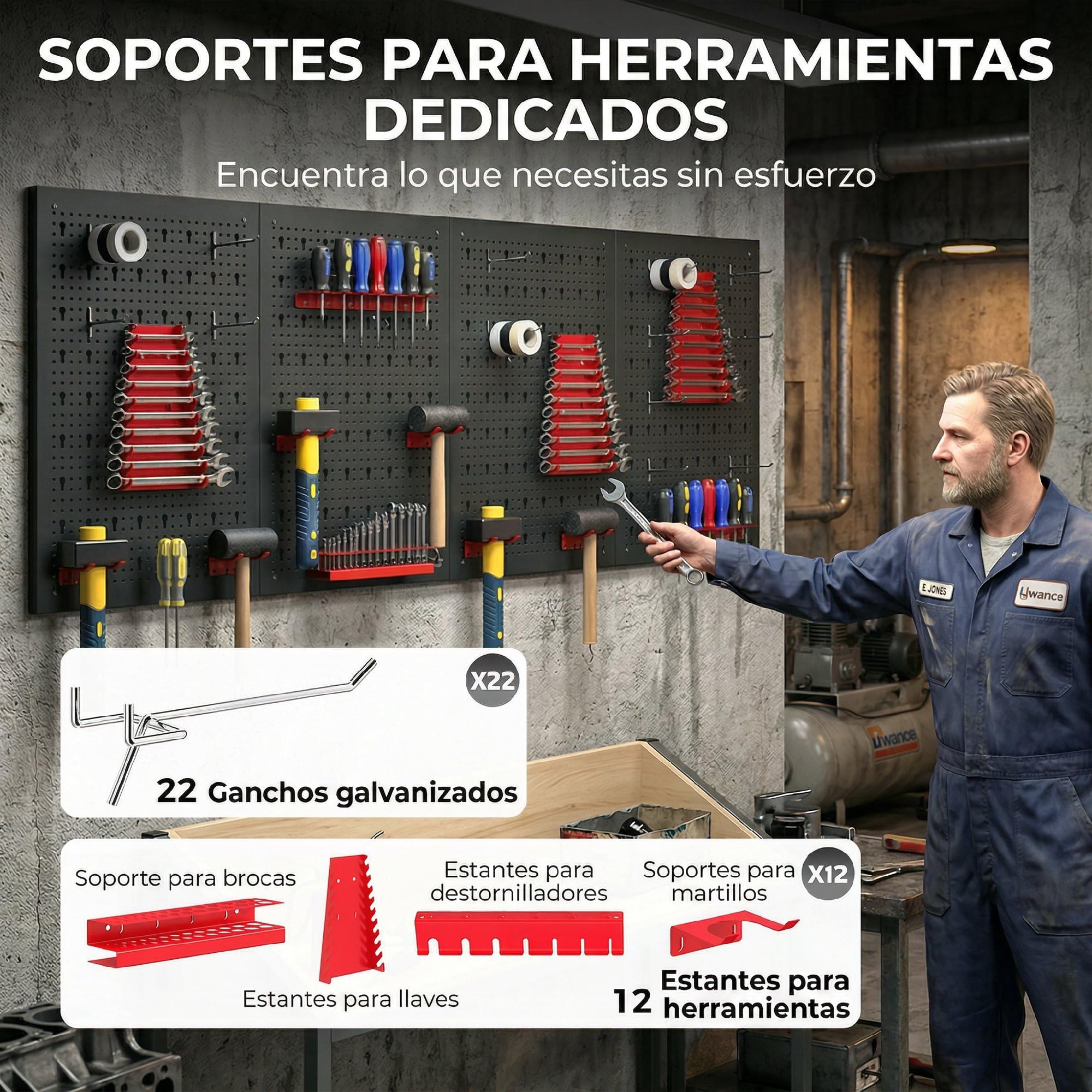 HOMCOM 4 Paneles de Herramientas de Pared, 38 Piezas, cada panel 60x40 cm, Organizador de Herramientas de Pared con Ganchos y Estantes, para Garajes y Bricolaje, Negro y Rojo