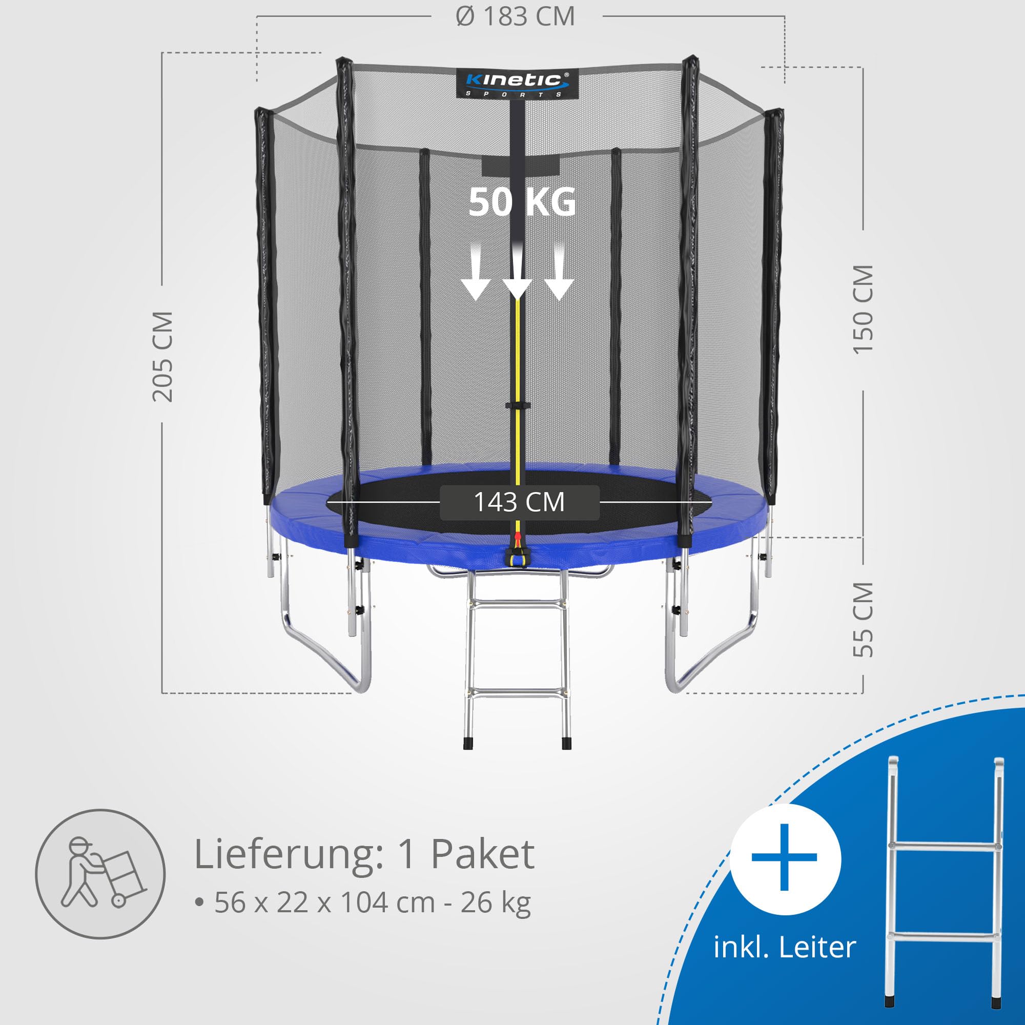 KINETIC SPORTS Trampolin Outdoor Salto Ø 183/244/305/366/400/430/490 cm - Kindertrampolin Gartentrampolin Set mit Leiter, Netz, Randpolster, USA Sprungtuch, bis zu 160kg