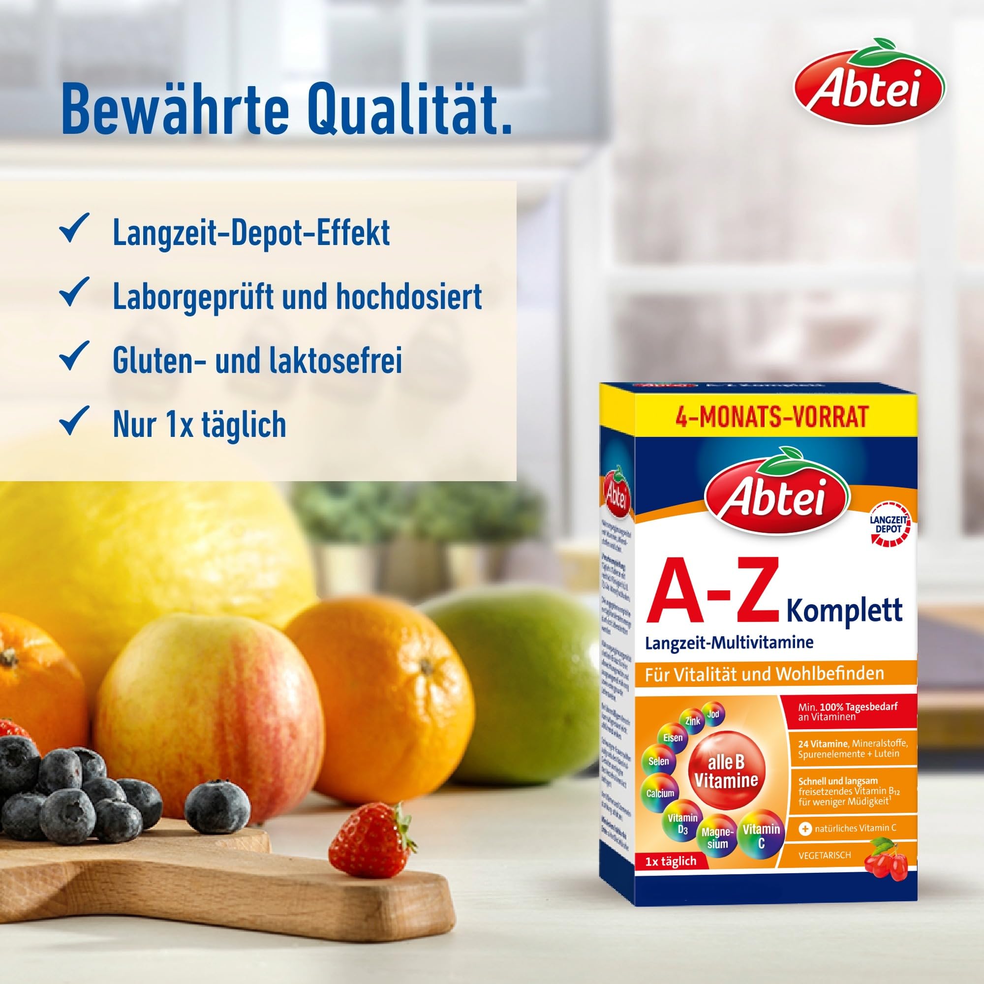 ABTEI A-Z Komplett Langzeit-Multivitamine – Multivitamintabletten mit 24 Vitaminen und Mineralstoffen – für das Wohlbefinden – vegetarisch – Vorratspackung – 120 Tabletten für 4 Monate