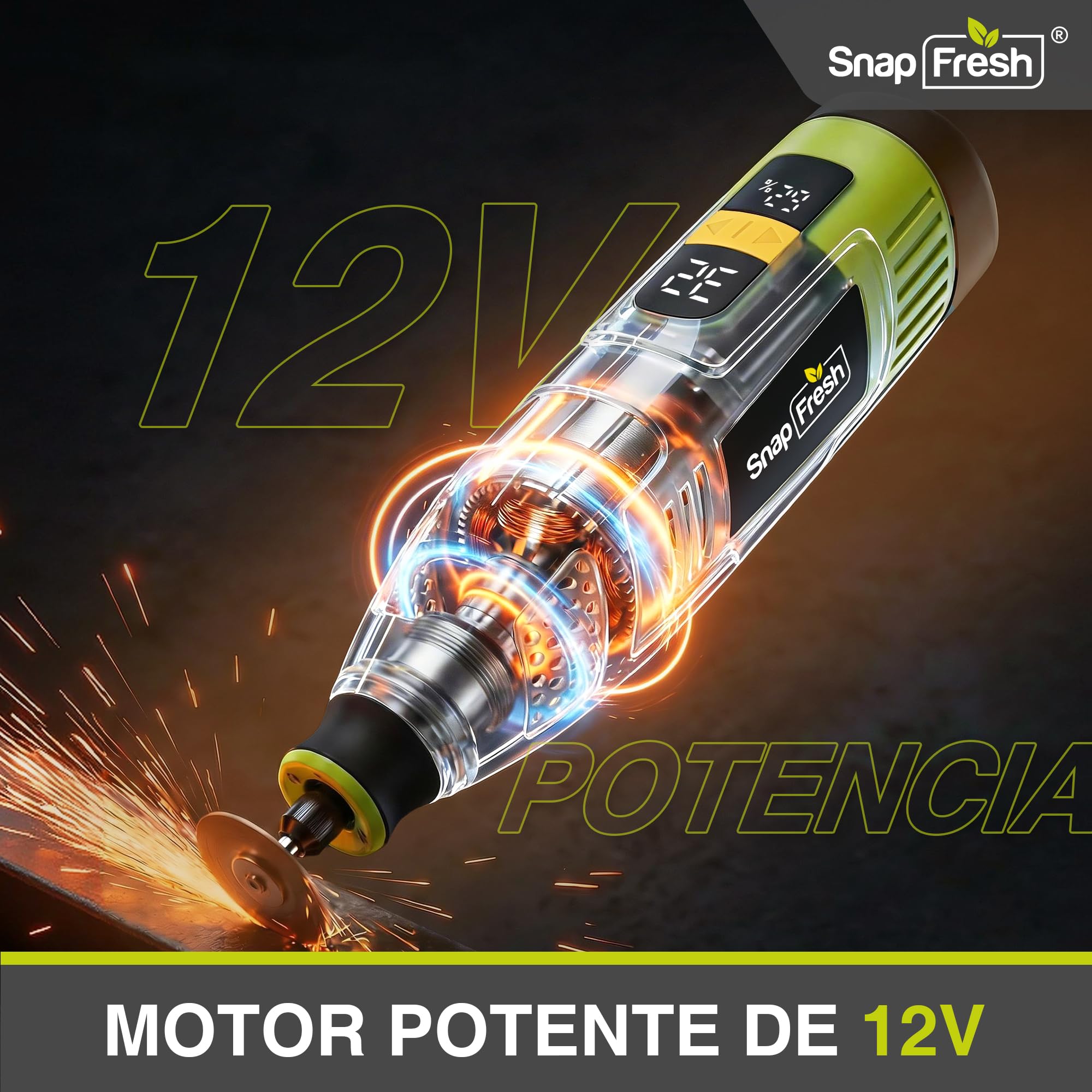 SnapFresh Herramienta Rotativa Inalámbrica 12V con Pantalla Digital, Multiherramienta con 32 Velocidades Ajustables (5000-32000 RPM), Kit Profesional con 111 Accesorios, Cargador Rápido y Maletín