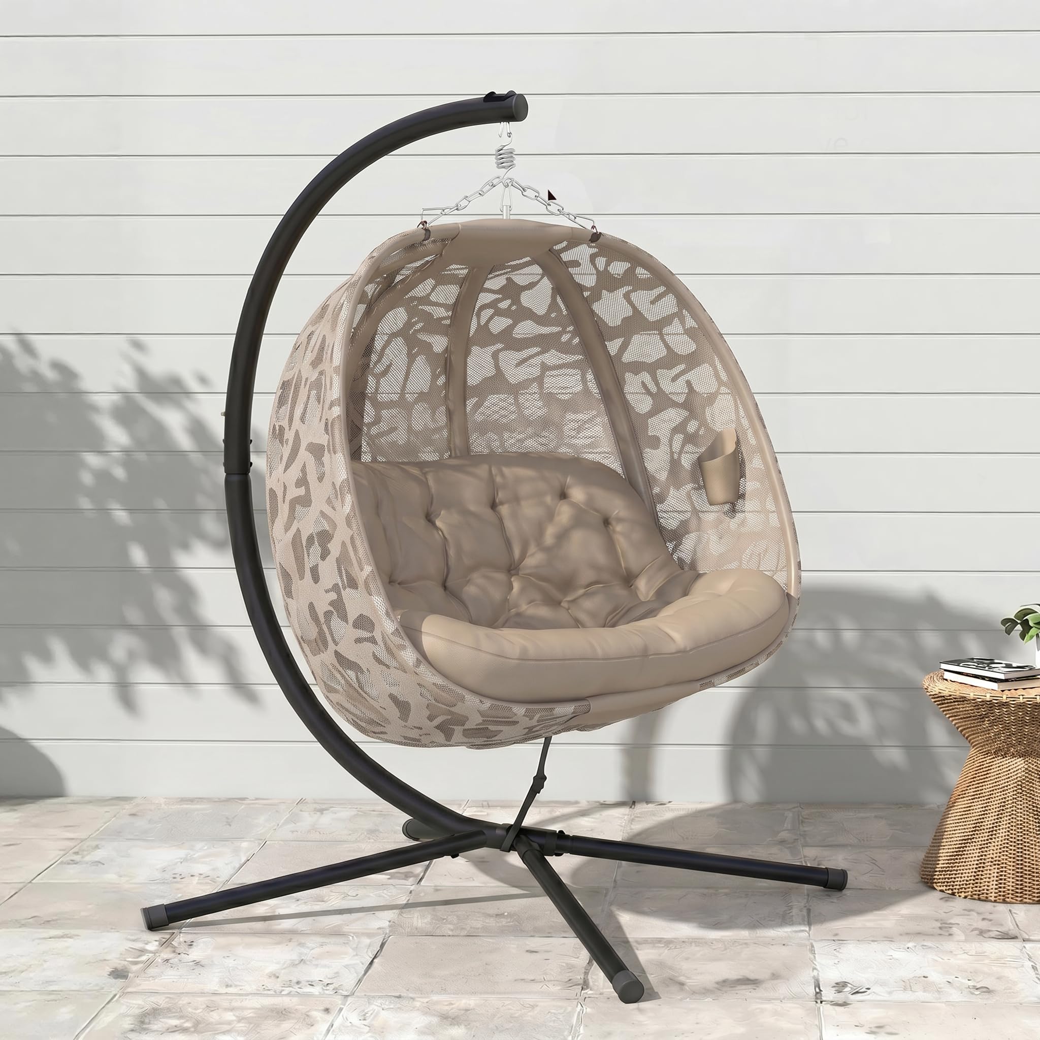 Outsunny Poltrona Sospesa 2 Posti in Acciaio e Cotone PP con 2 Tasche, Cuscini in Poliestere e Cesto Pieghevole, 126x126x176 cm