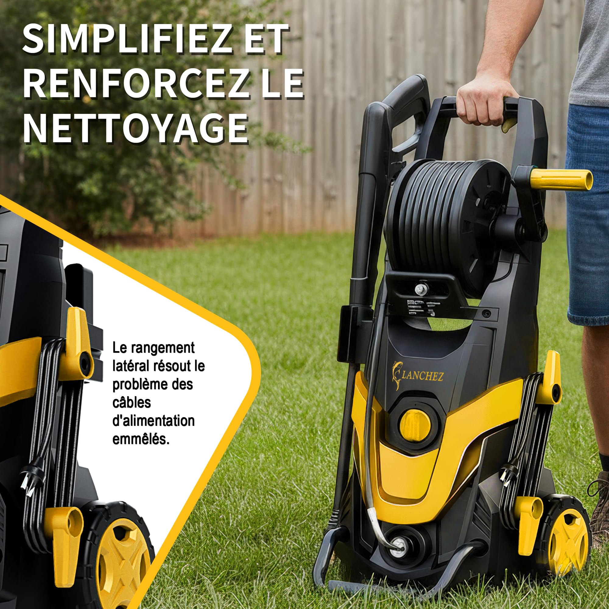 2026 New Nettoyeur Haute Pression Max.145 Bars, Débit 420 l/h, 7-in-1 Buses, Rendement Jusqu’à 50 m²/h, Canon à Mousse 500ml, Brosse pour terrasse, pour Voiture, terrasse, Jaune