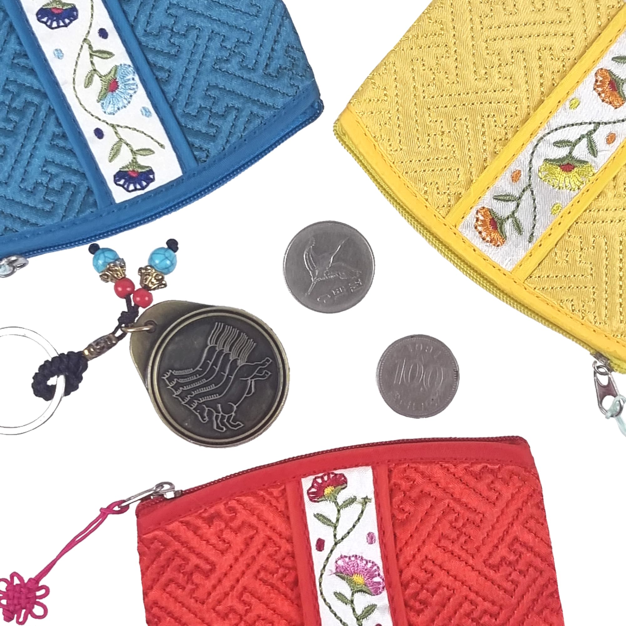 Seoulful Vintage Korean Embroidered Card Pouch - Wildflower Design Coin Purse with Butterfly Charm - Traditional Korean New Year's Gifts (Mint)