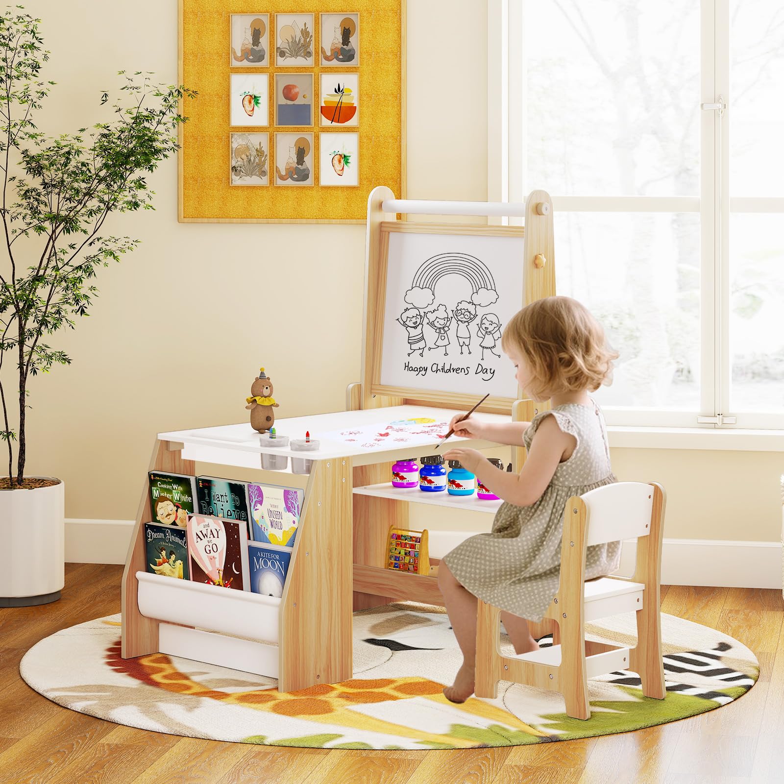 GOPLUS Table Enfant avec Chaise, Table à Dessin en Bois avec Tableau Noir/Blanc, Rouleau de Papier, Gomme, Craies, Gobelets de Peinture, Bureau Enfant en Bois avec Étagère (Naturel)