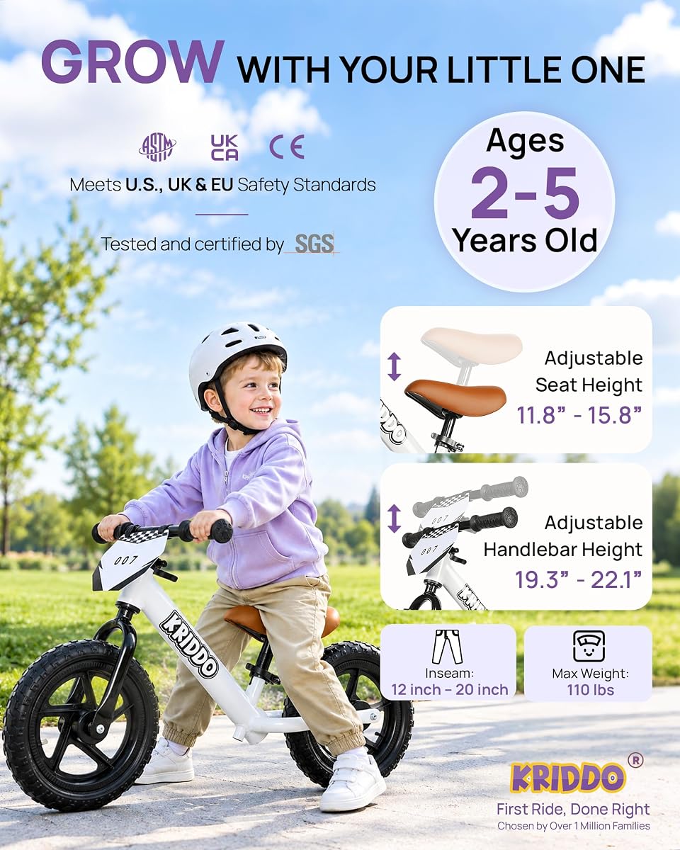 KRIDDO Toddler Balance Bike 2 Year Old, Gift for 2-3 Boys Girls, Adjustable