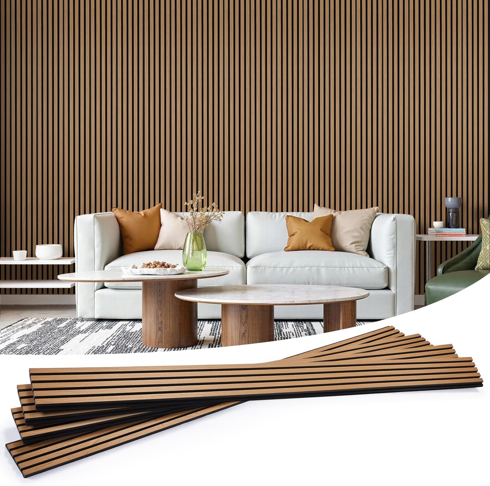 Wood Slat Wall Panels 4 Pack 94.5" x 7.9", Acoustic Wooden Panel for Wall, Soundproof 3D Fluted Panels for Interior Wall Decor, Living Room, Bedroom - Teak (Cover Approx.21 sq.ft)