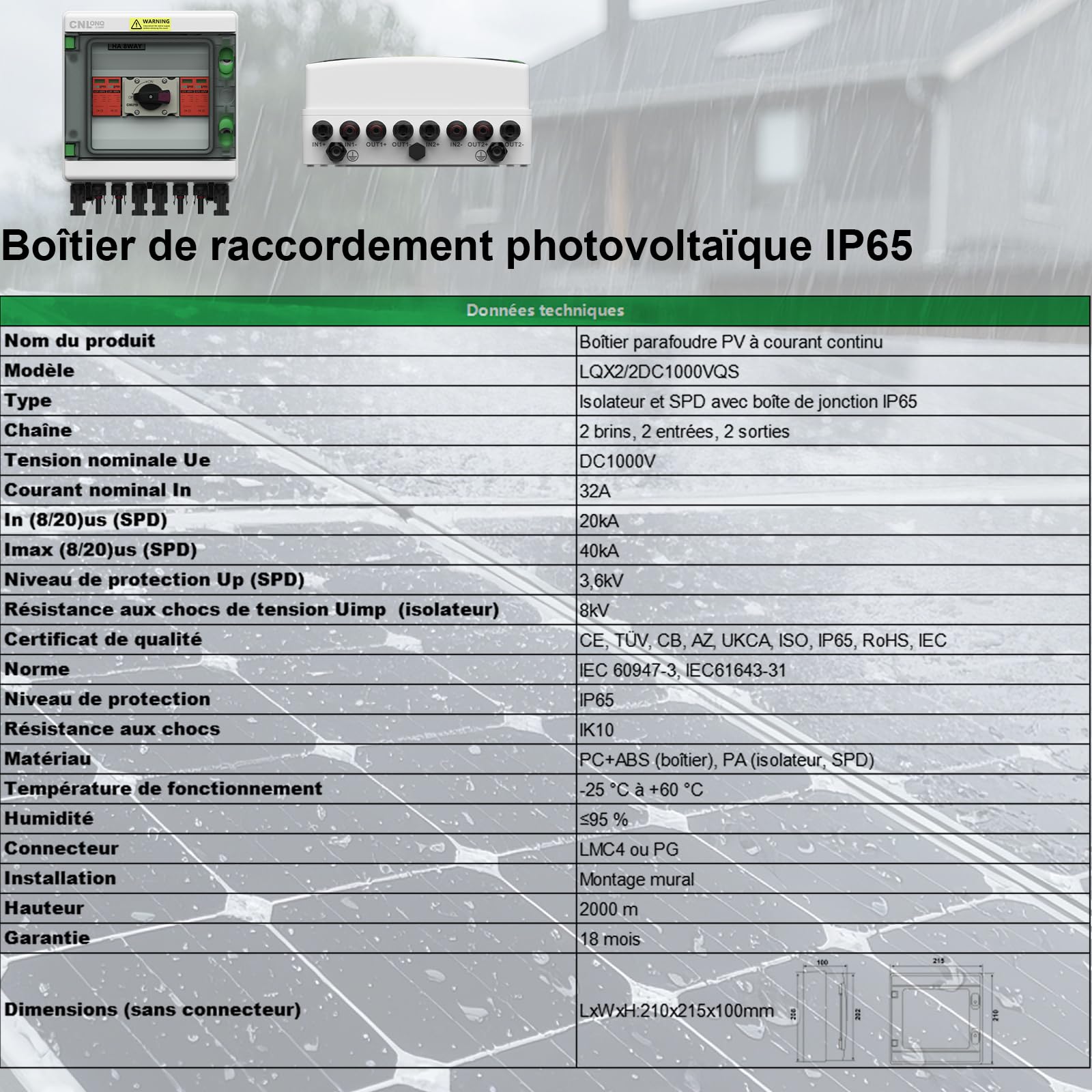 Boîtes de Protection contre la foudre DC1000V 32 Amps 2 Entrées 2 Sorties Isolateur Disjoncteur et Parafoudre, IP65 Boitier de Jonction Solaire Pour Les Panneaux Solaires Extérieurs