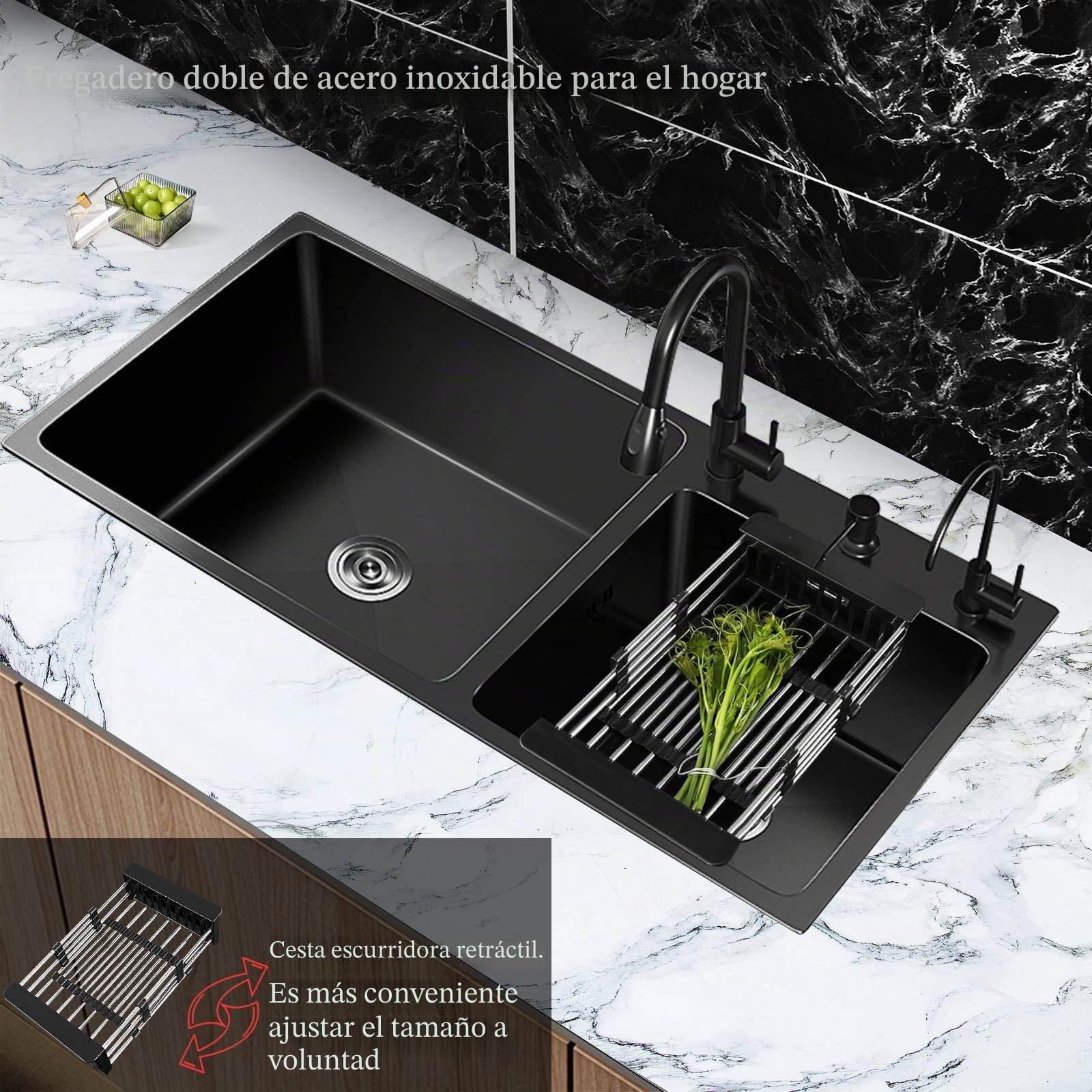 Fregadero cocina 2 seno Fregadero de acero inoxidable Lavabo con Grifo extraíble y accesorios para dispensador de jabón y fregadero. (78 * 43CM, Negro)