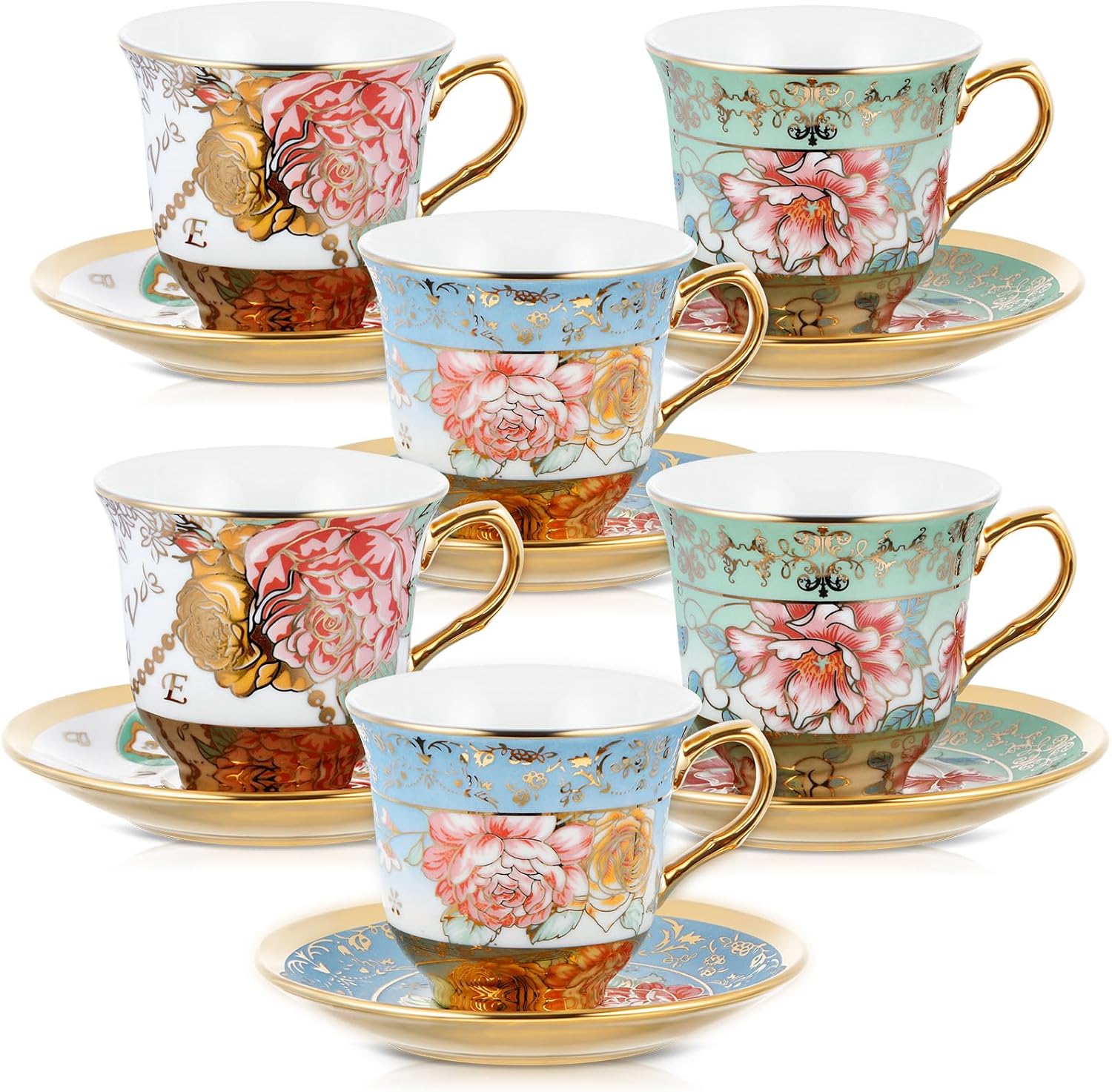 Set of 6 Tea Cups and Saucers Tea Party Decorations Floral Porcelain 5.4 oz British Gift for Women Birthday Party, Church, and Mother's Day (Classic Style)
