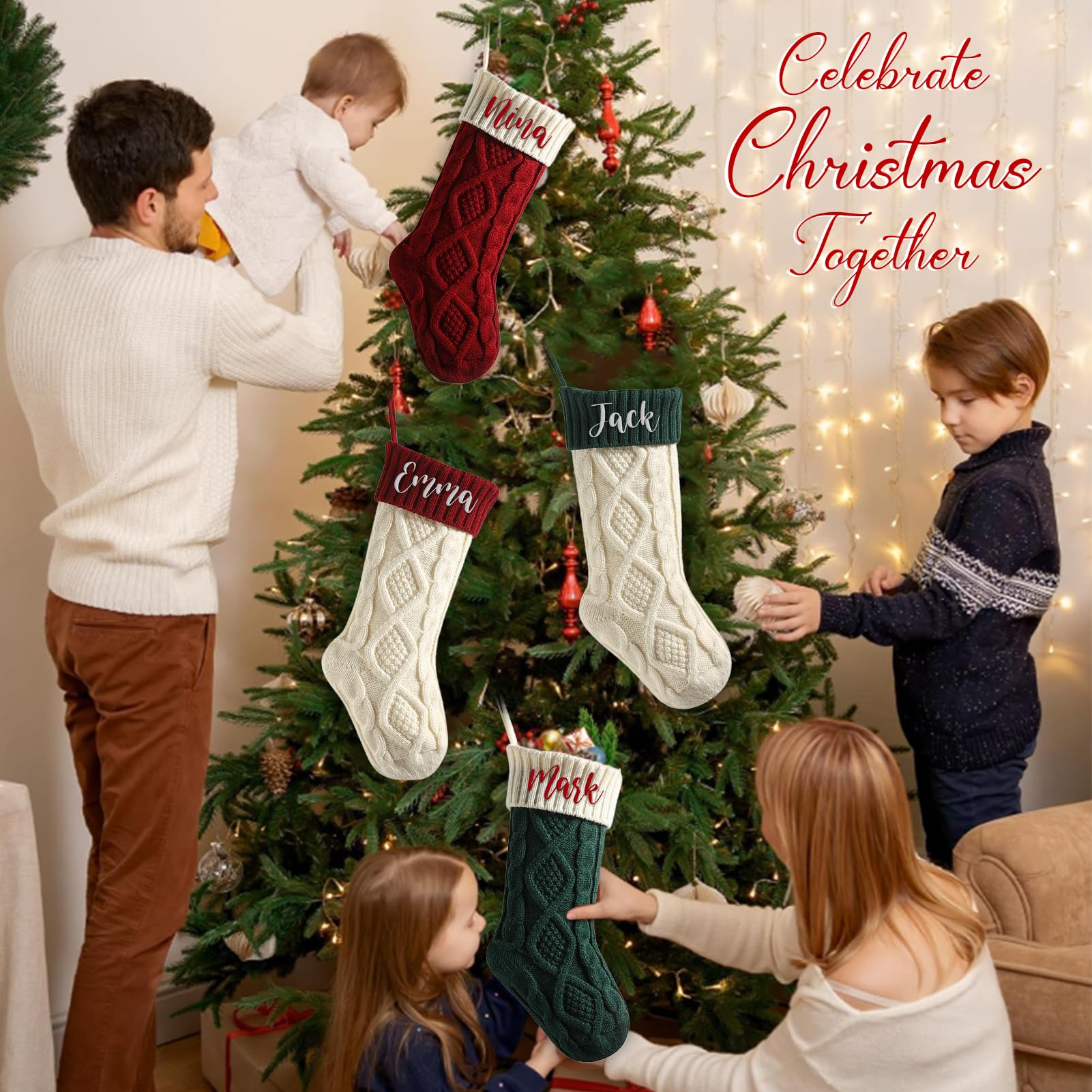 Calcetines Navidad Personalizados - Calcetin Navidad Personalizado con Nombre, Personalizados Medias Navideñas Colgantes, Decoraciones Personalizado para Familiares de Fiesta (4 Piezas)