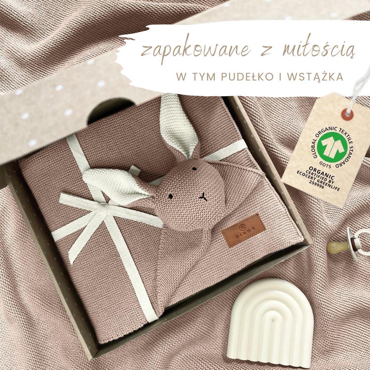 DIKOS Oryginalny kocyk SCHMUSE-HASE Brązowy dla niemowląt - 100% bawełna organiczna, dzianina dla dziewczyny/chłopca - oryginalny sprzęt, prezent z okazji narodzin dziecka