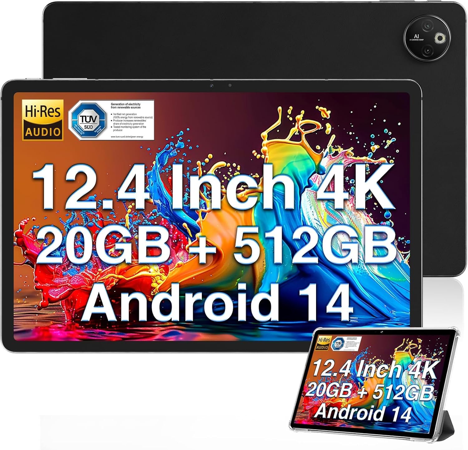 DOOGEE T30 MAX 12.4″ Tablet 4K Android 14, 20(8+12) GB RAM 512GB ROM (2TB TF), 10800mAh/33W Android Tablet, 50+20MP Camera, Side fingerprint/Widevine L1/Face Unlock/Smart PA/Hi-Res/DRM L1, Black