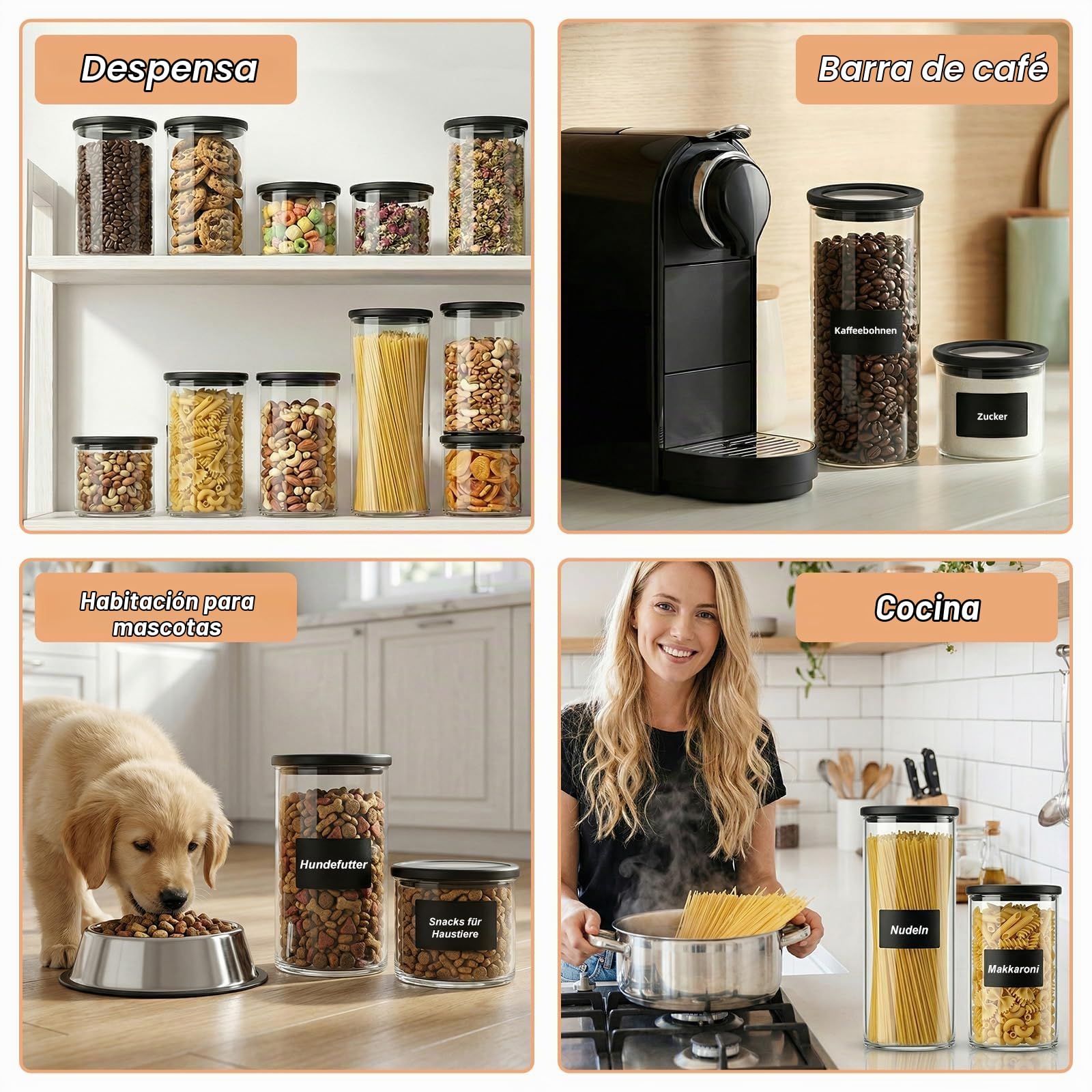 twoant Juego de 4 Redondos Tarros de Cristal Con Tapa Hermética transparente，1200ml Cocina Botes Almacenaje Ideales Para Guardar Especias, Pasta, Legumbres, Avena, Cereales