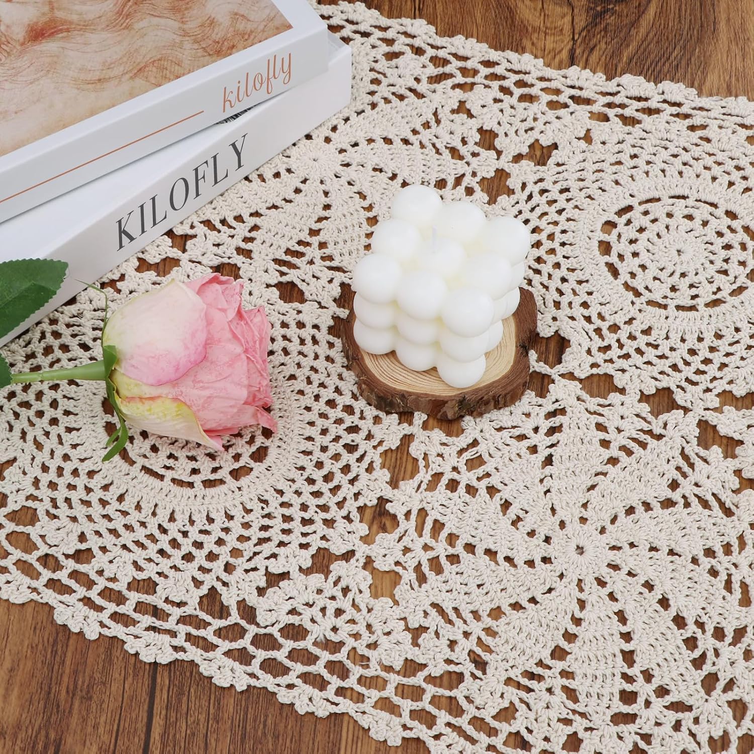 kilofly Handmade Crochet Cotton Rectangular Table Runner, 15 x 59 inch, Beige