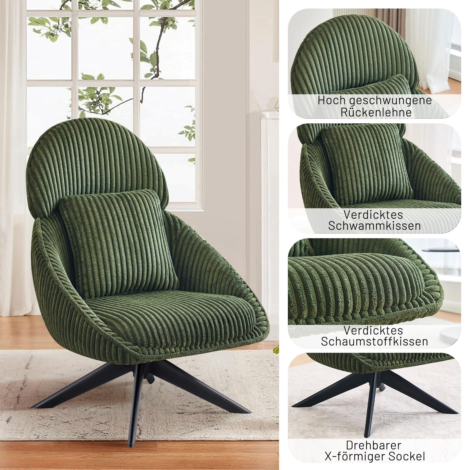 Loungesessel Sessel Wohnzimmer 360°Drehbar, Ohrensessel Armlehnstuhl Polsterstuhl mit dickem Abnehmbares Wurfkissen, Lesesessel Relaxsessel für Wohnzimmer Schlafzimmer Büro, Grün