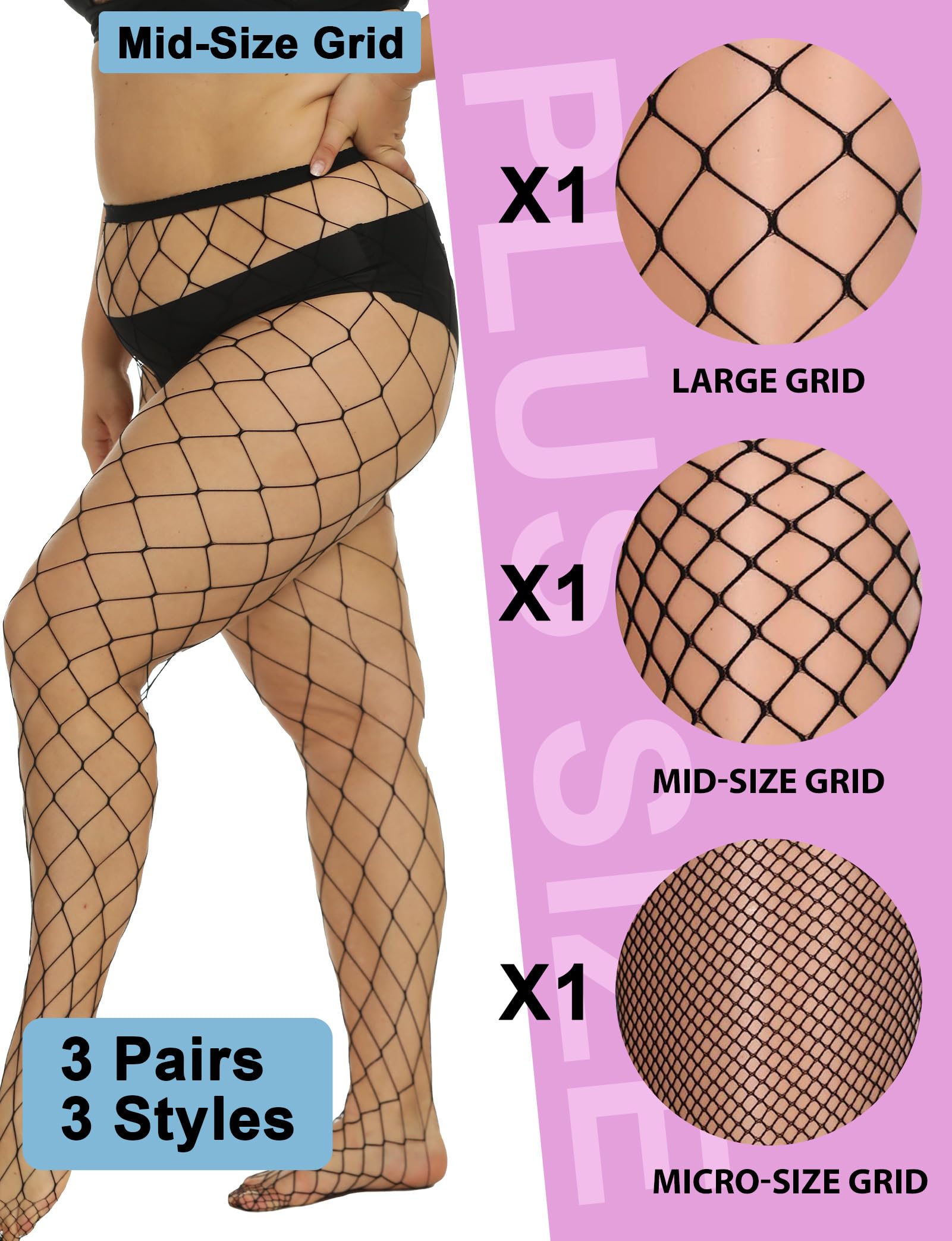 Buauty Plus Size Fishnet Stockings for Women - 3 Pairs Sexy Fishnets Tights, Halloween Fish Net Stockings,Gothic Clothes: Queen Black Large Mesh